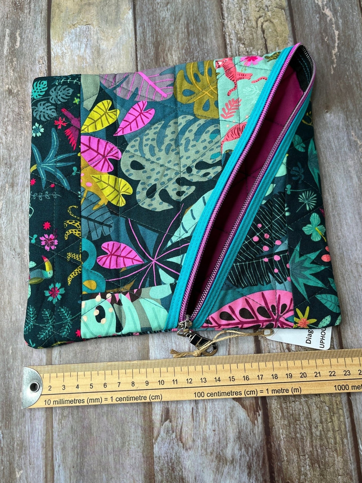 Jungle Patchwork Diagonal Zip Pouch, Green Pink Quilted Zip Pouch, Travel Document Sleeve - Uphouse Crafts