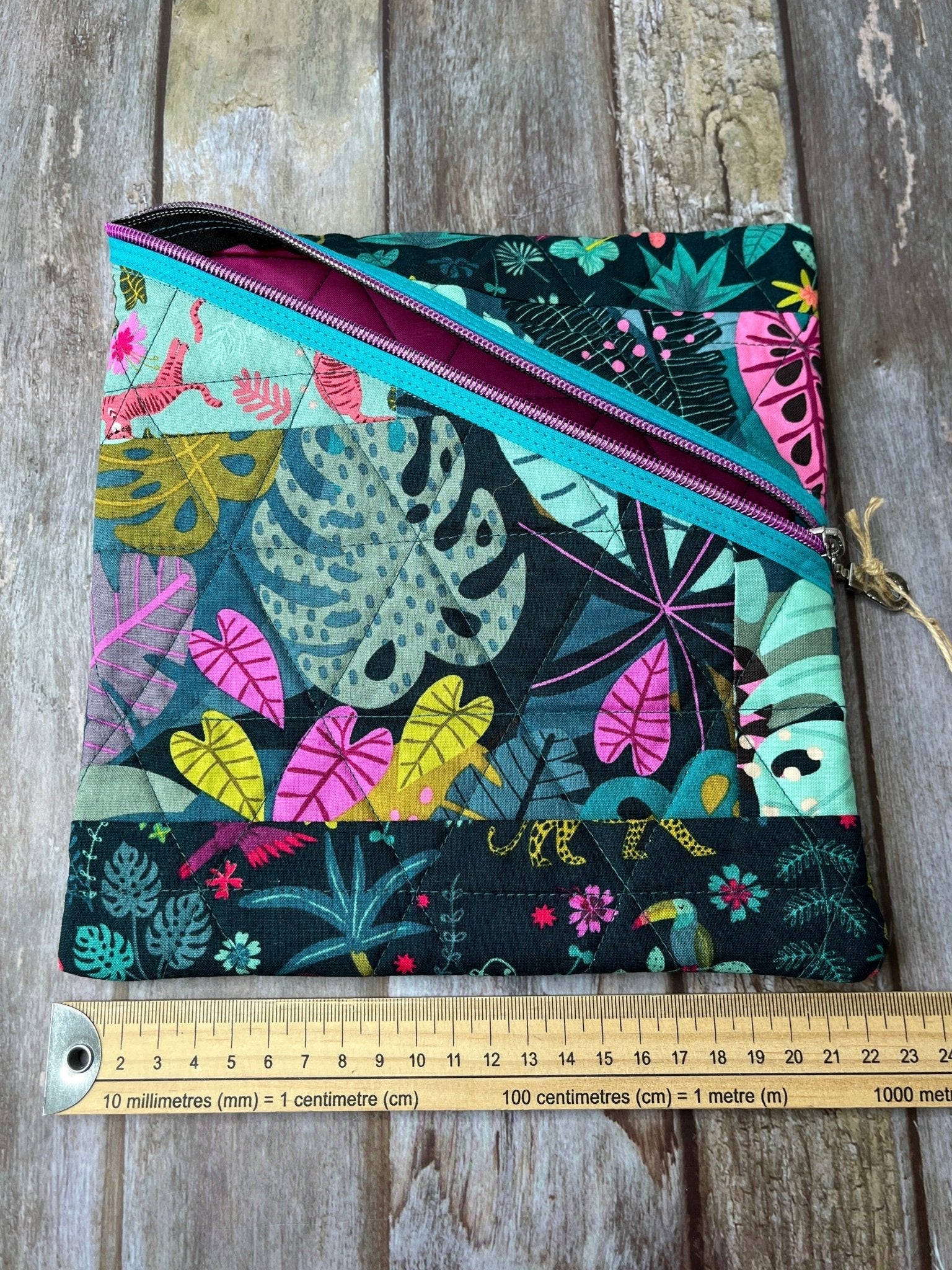 Jungle Patchwork Diagonal Zip Pouch, Green Pink Quilted Zip Pouch, Travel Document Sleeve - Uphouse Crafts