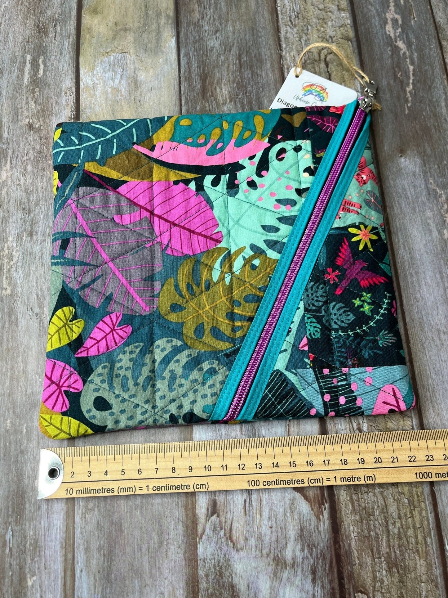 Jungle Patchwork Diagonal Zip Pouch, Green Pink Quilted Zip Pouch, Travel Document Sleeve - Uphouse Crafts