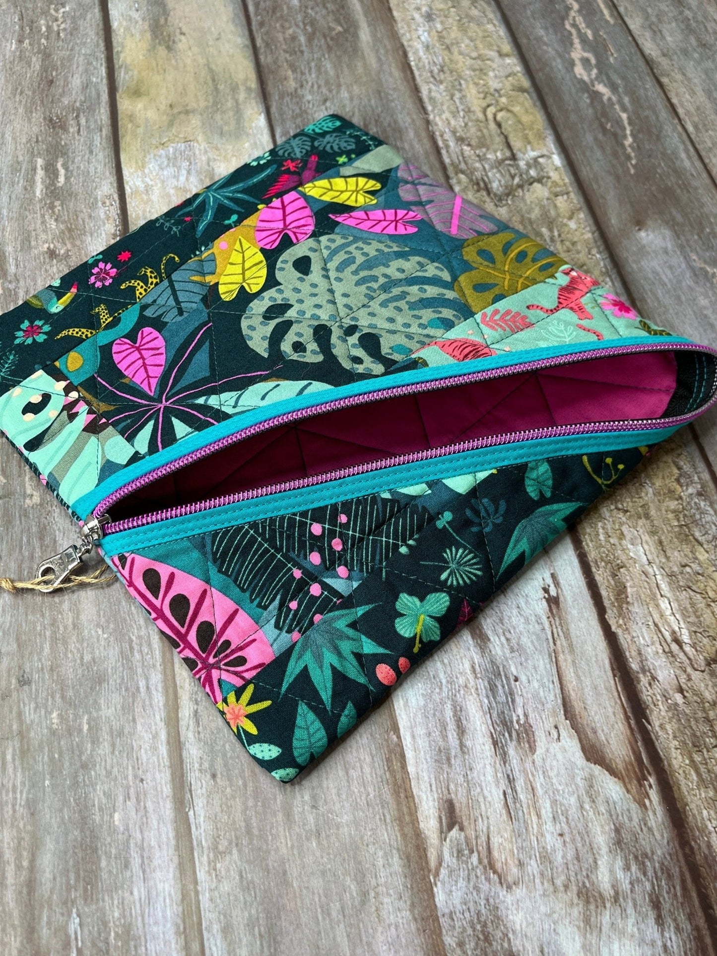 Jungle Patchwork Diagonal Zip Pouch, Green Pink Quilted Zip Pouch, Travel Document Sleeve - Uphouse Crafts