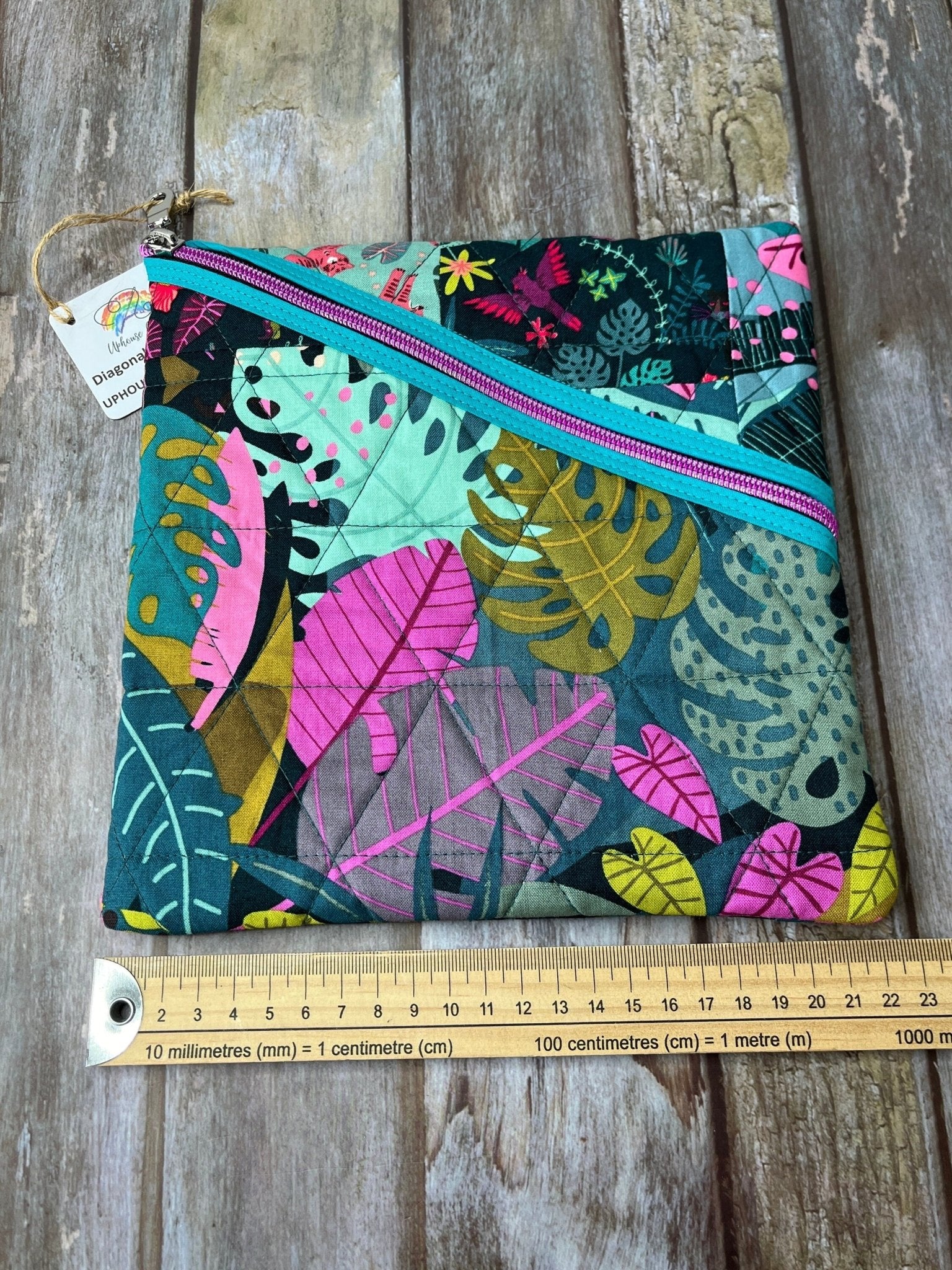 Jungle Patchwork Diagonal Zip Pouch, Green Pink Quilted Zip Pouch, Travel Document Sleeve - Uphouse Crafts