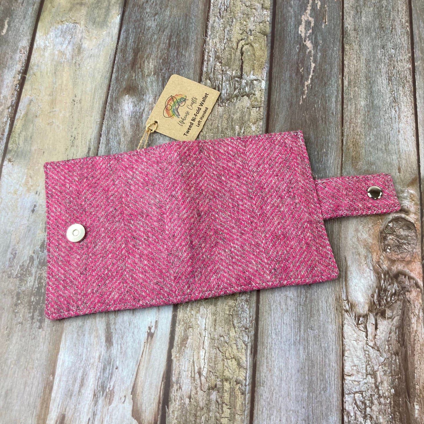 Left Handed Bi - Fold Shetland Sea Pinks Wool Tweet Wallet - Uphouse Crafts