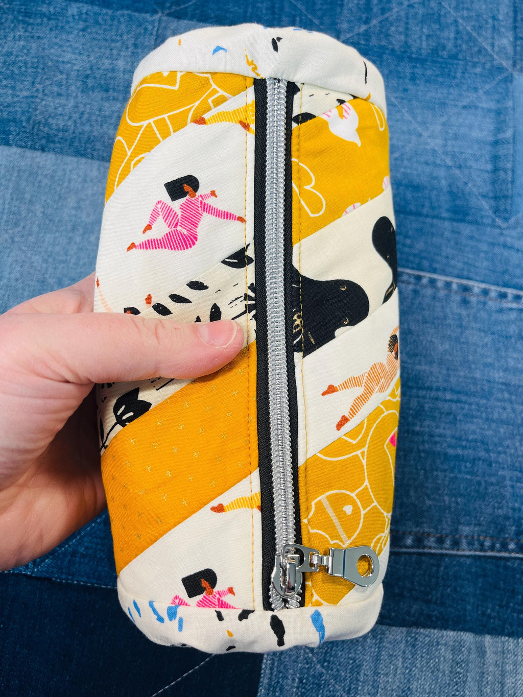 Mustard Cream Twirled Ends Patchwork Zip Pouch - Uphouse Crafts