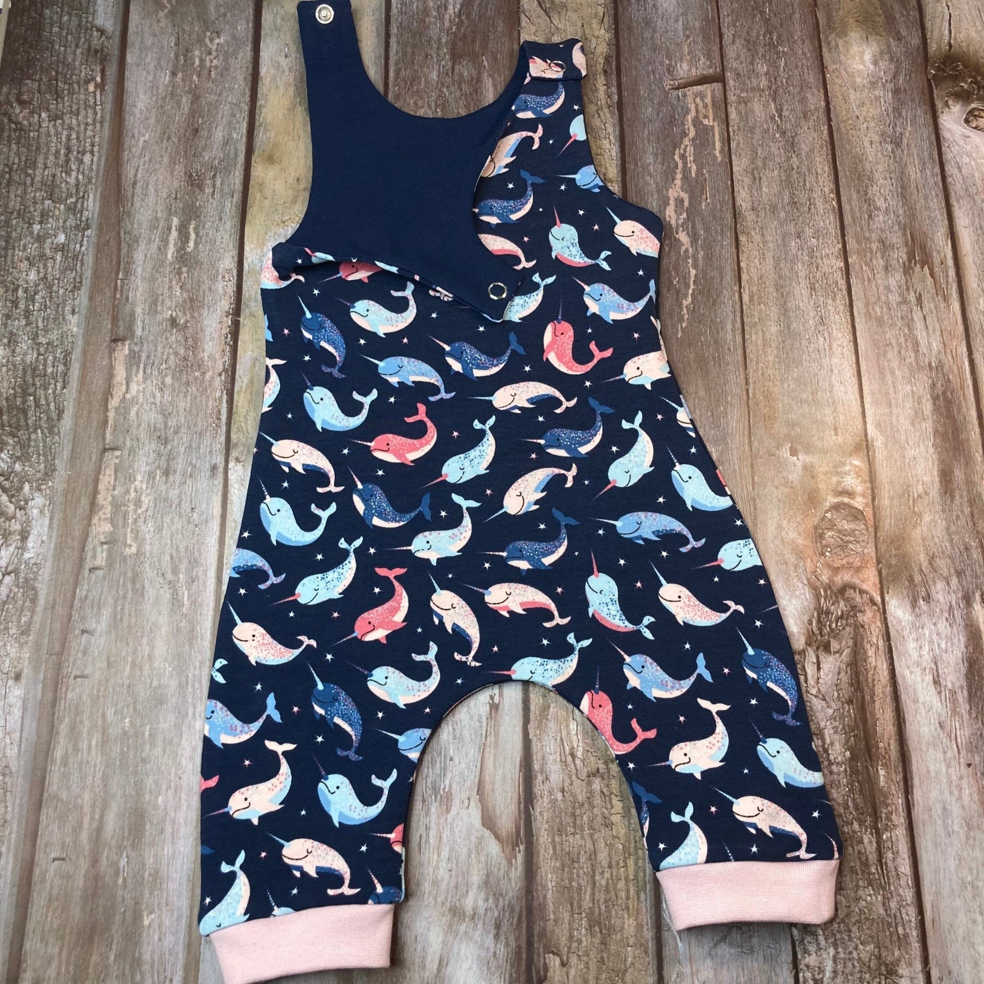 Navy Blue Narwhal dungarees Romper 0 - 3 months - Uphouse Crafts