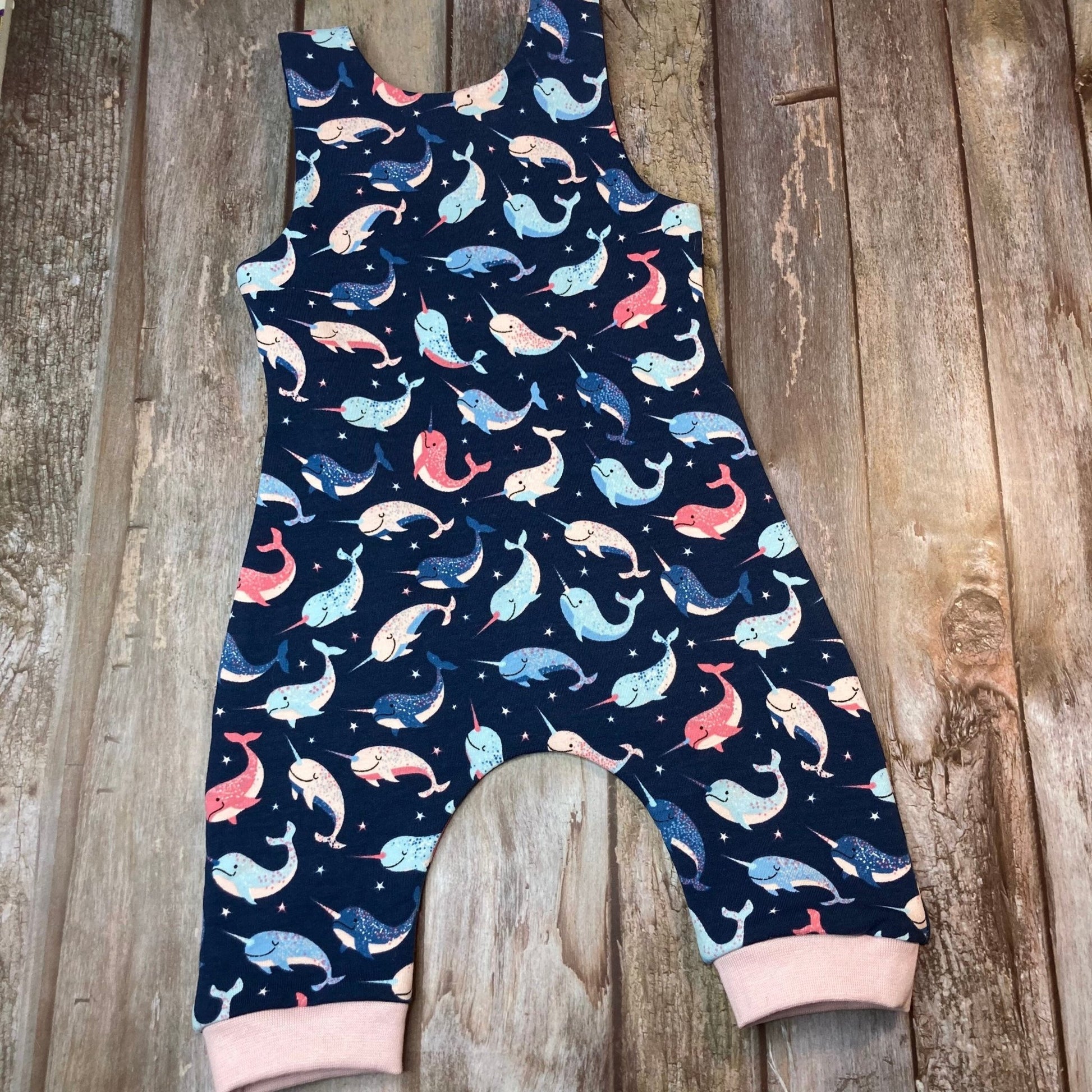 Navy Blue Narwhal dungarees Romper 0 - 3 months - Uphouse Crafts