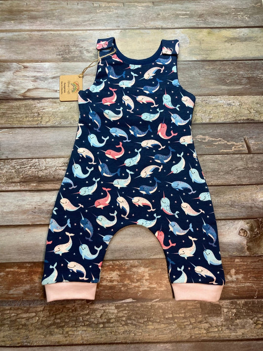 Navy Blue Narwhal dungarees Romper 0 - 3 months - Uphouse Crafts