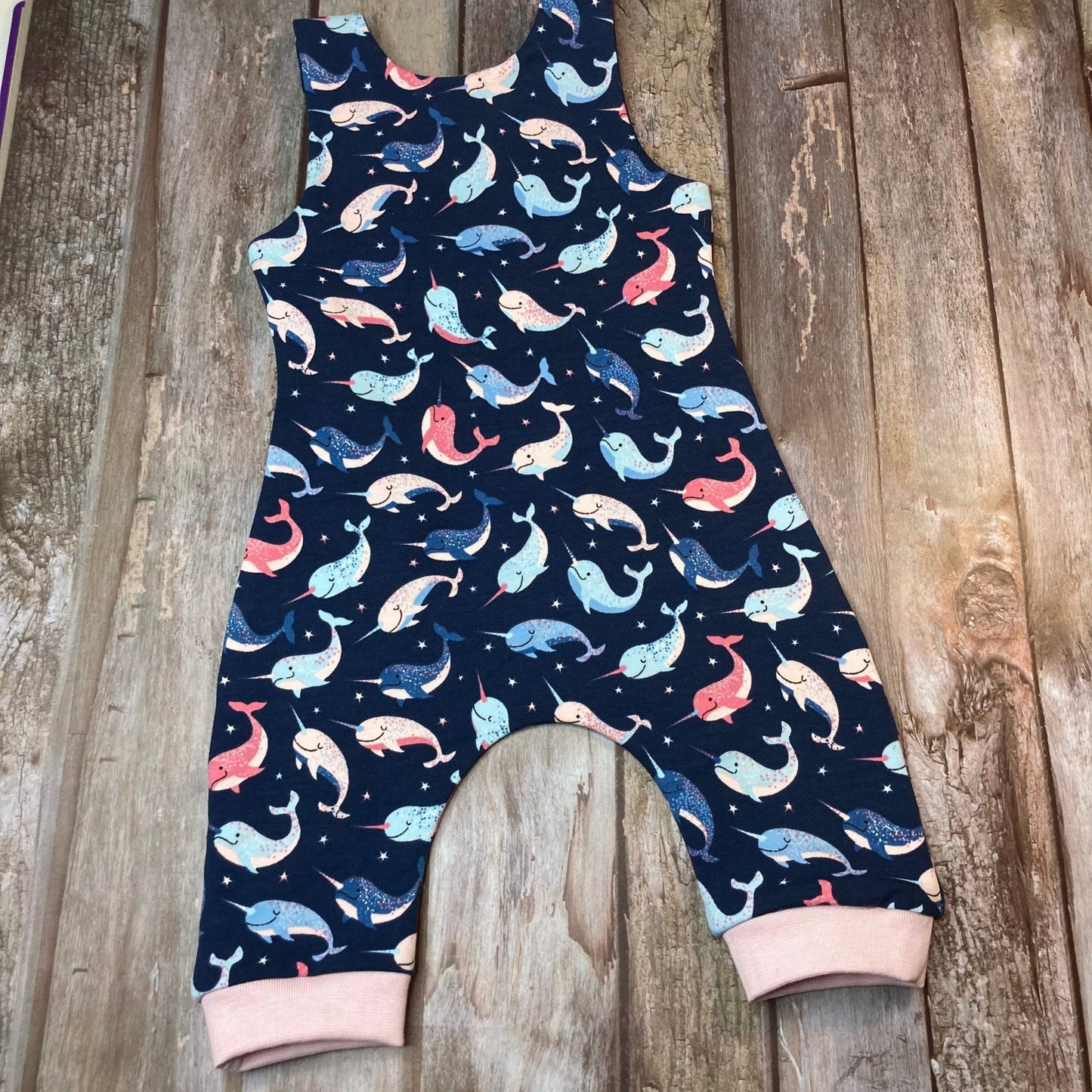 Navy Blue Narwhal dungarees Romper 0 - 3 months - Uphouse Crafts