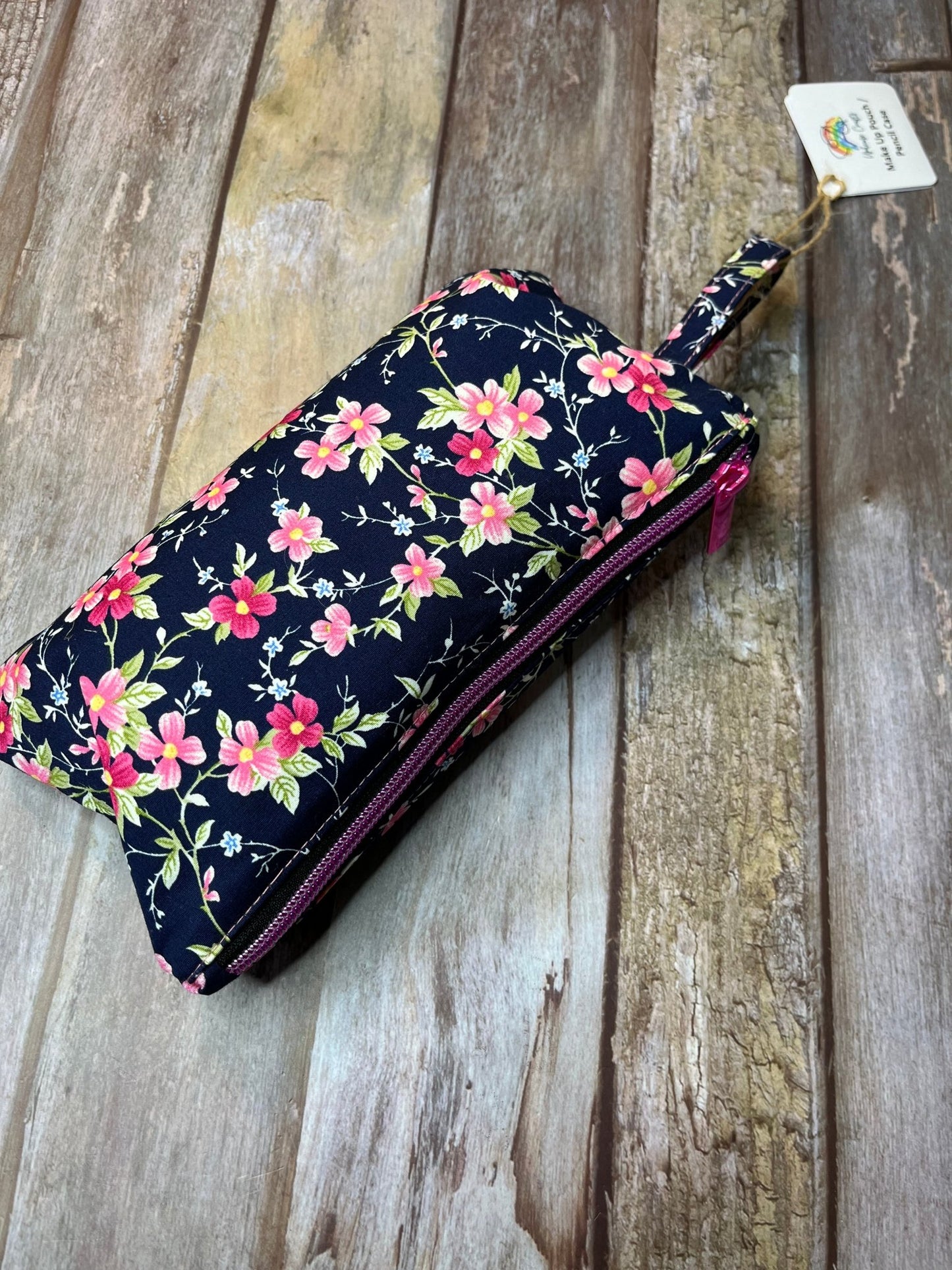 Navy Pink Floral Makeup Bag Pencil Case - Uphouse Crafts