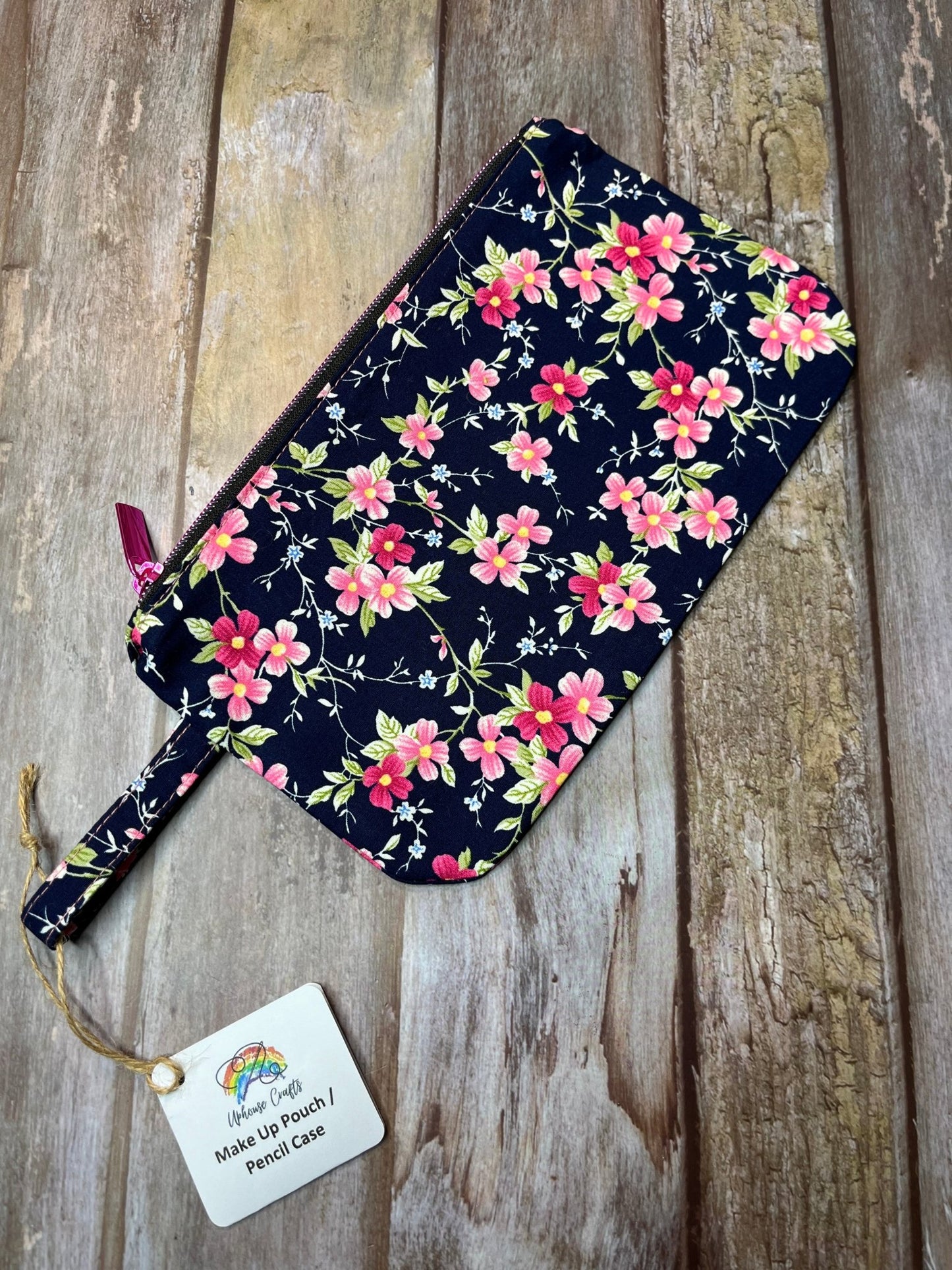 Navy Pink Floral Makeup Bag Pencil Case - Uphouse Crafts