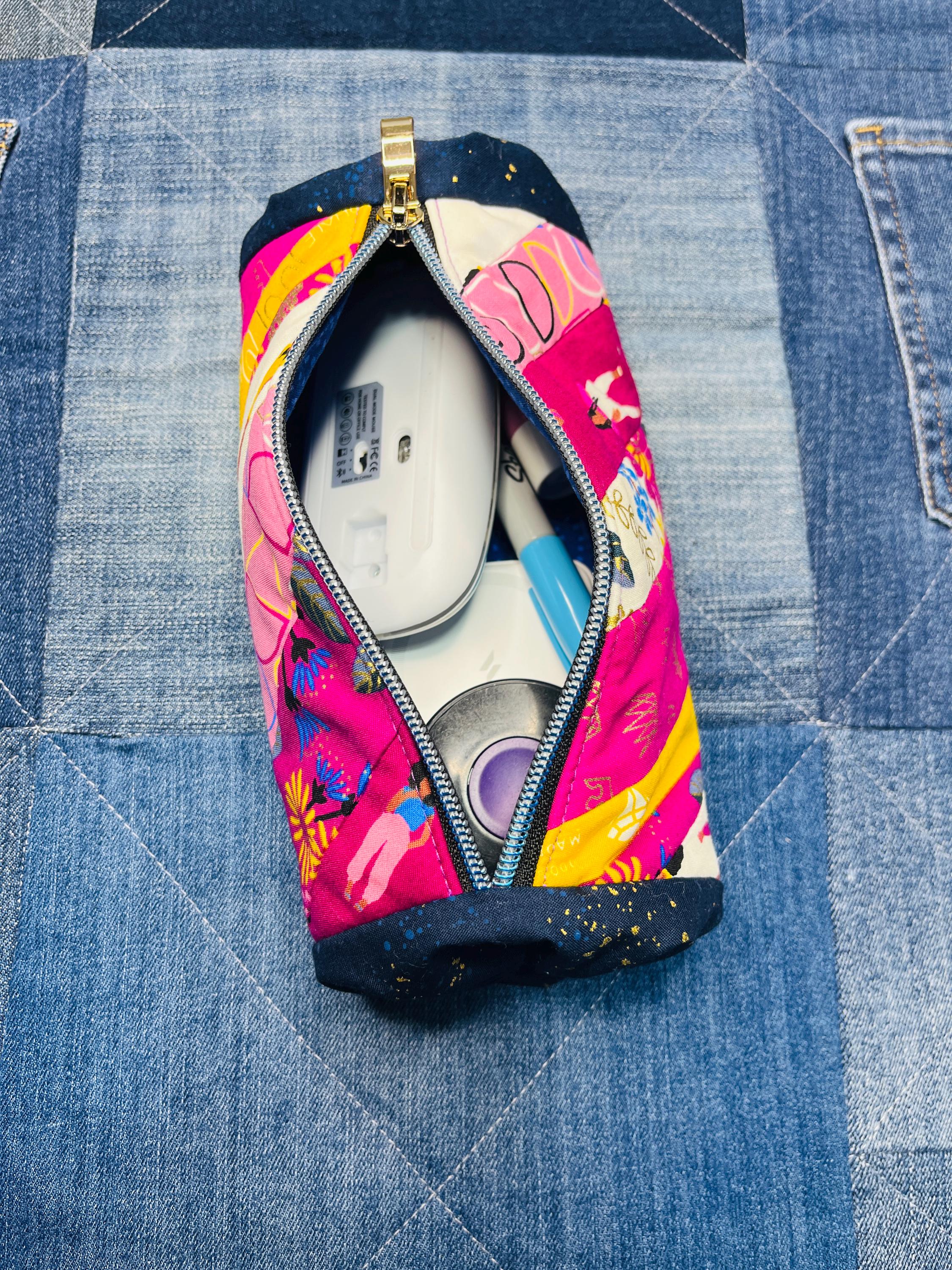 Navy Pink Mustard Twirled Ends Patchwork Zip Pouch