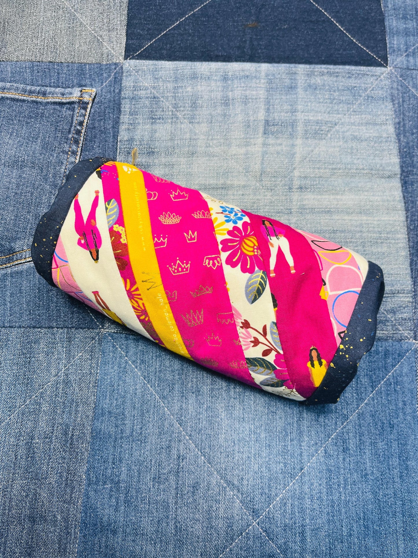 Navy Pink Mustard Twirled Ends Patchwork Zip Pouch