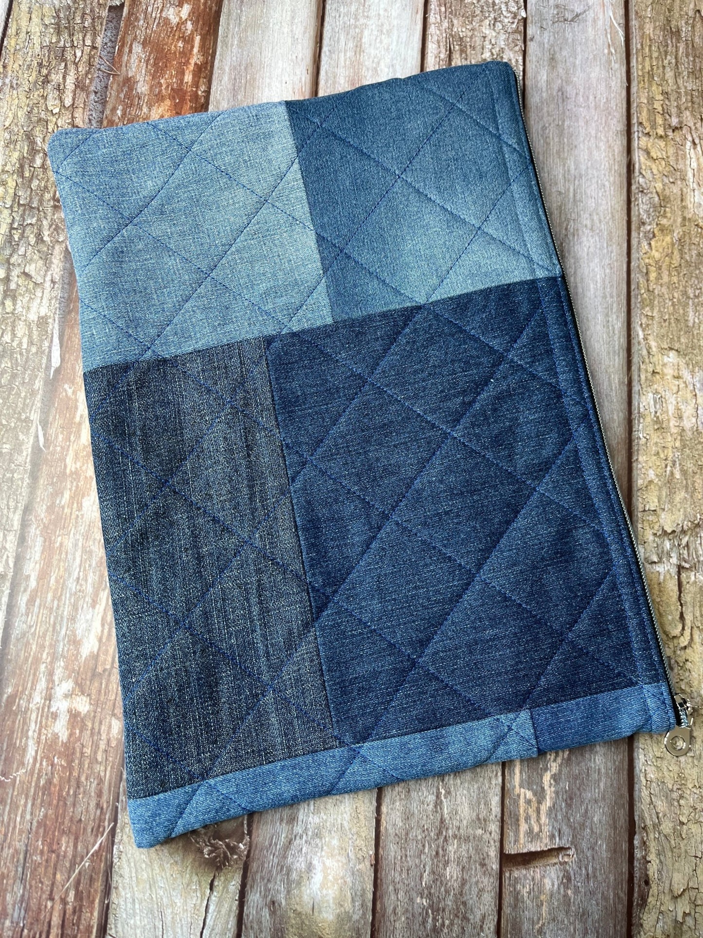 No UC02 Reclaimed Denim Book Bag, Quilted Denim Book Zip Pouch, - Uphouse Crafts