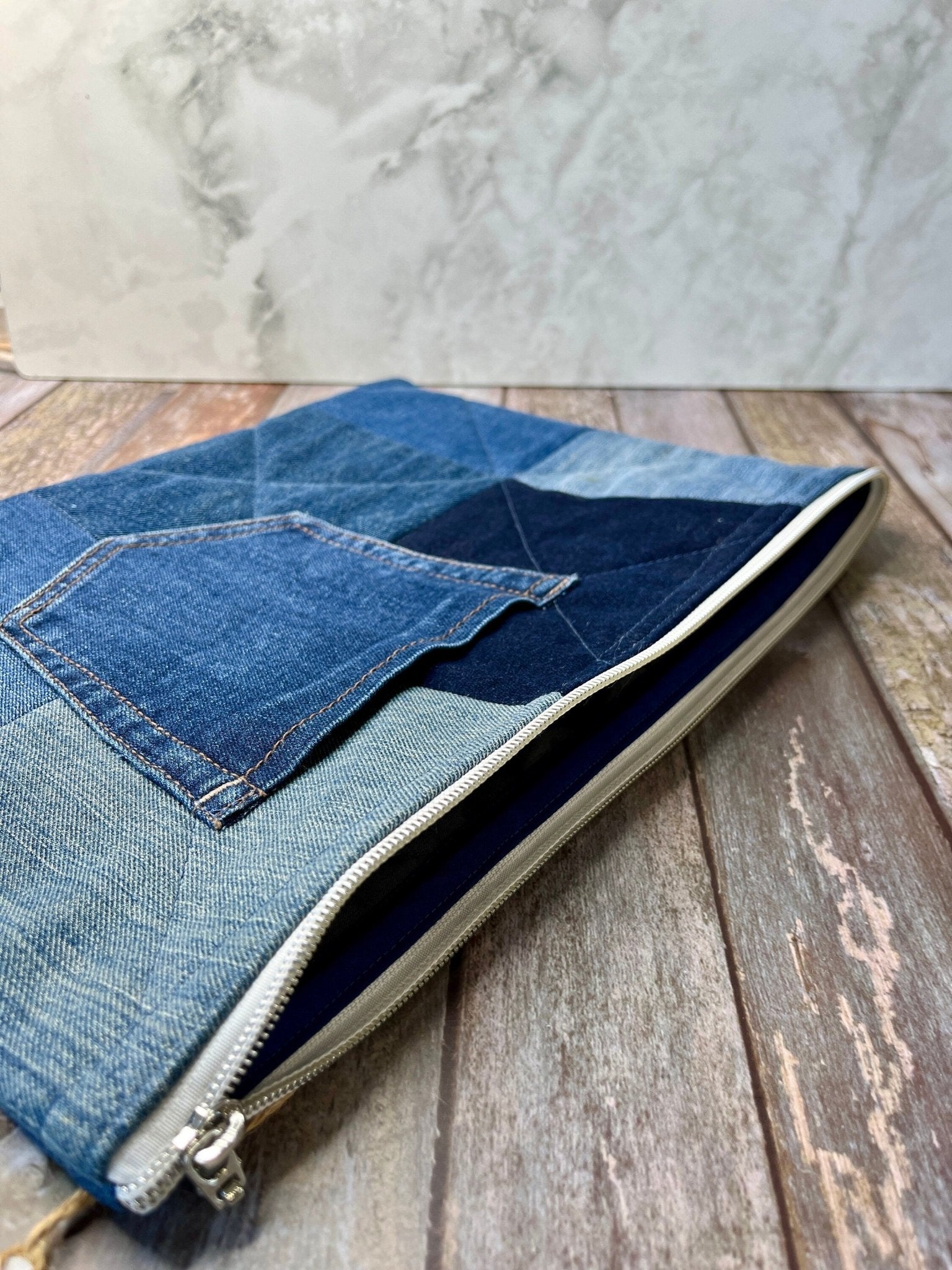 No UC05 Reclaimed Denim Book Bag, Quilted Denim Book Zip Pouch, - Uphouse Crafts