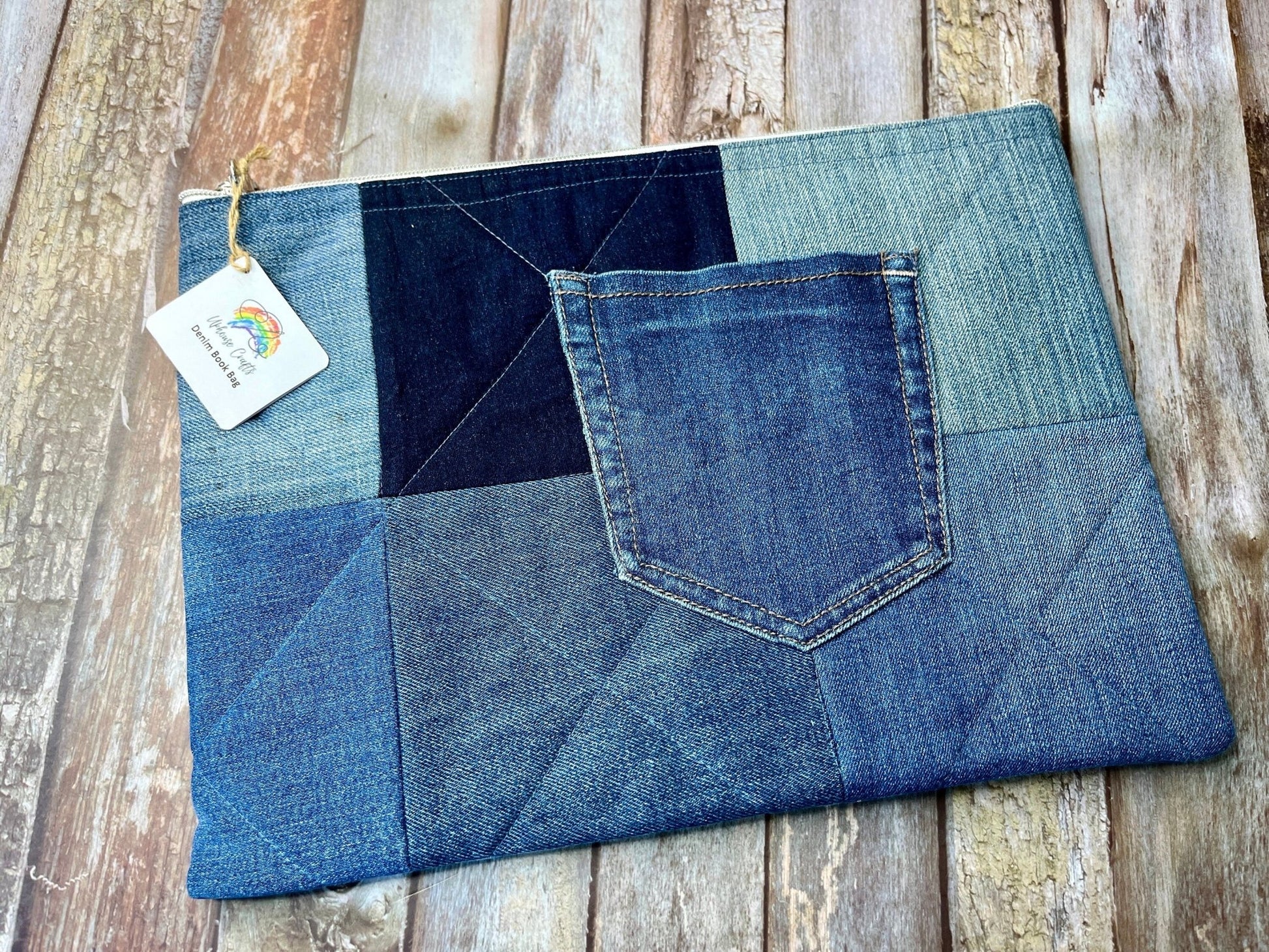 No UC05 Reclaimed Denim Book Bag, Quilted Denim Book Zip Pouch, - Uphouse Crafts