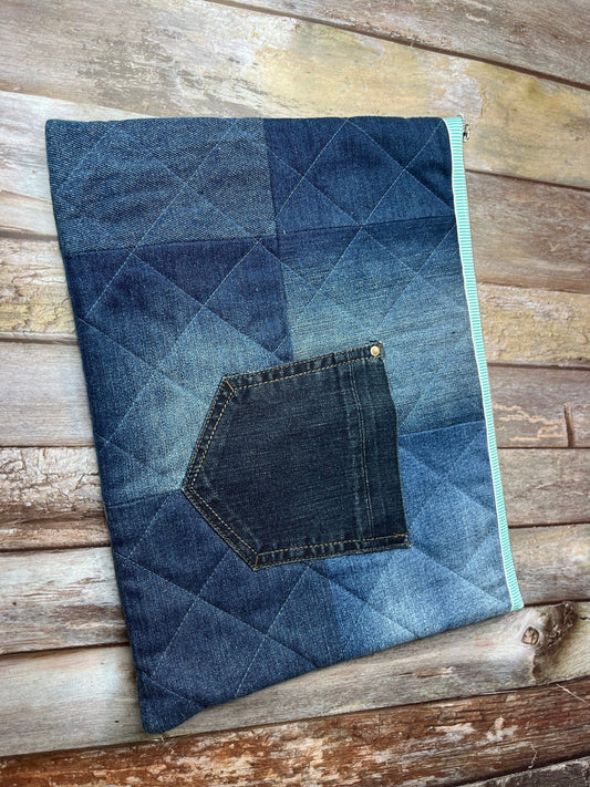 No UC07 Reclaimed Denim Book Bag, Quilted Denim Book Zip Pouch,