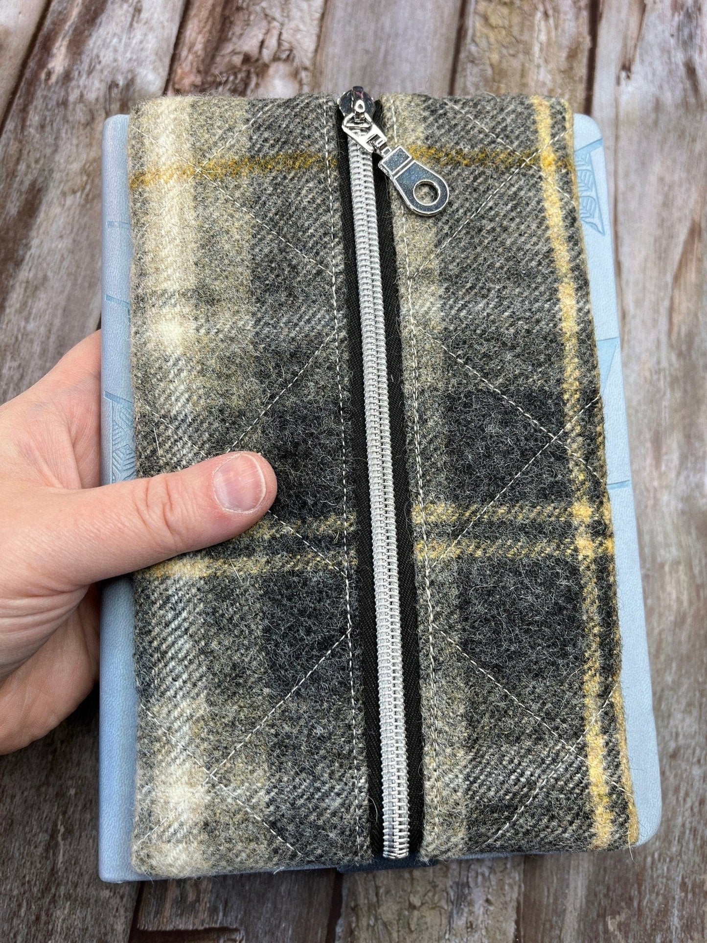 Notebook Pencil Case - Beige Grey Mustard Check Tweed