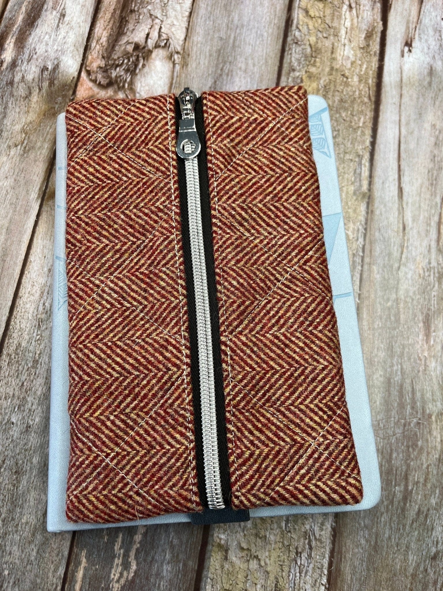 Notebook Pencil Case - Beige Red Herringbone Tweed