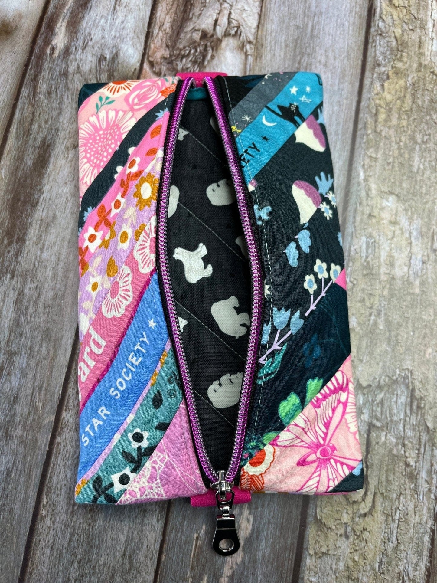 Notebook Pencil Case - Pink Floral Cat Patchwork