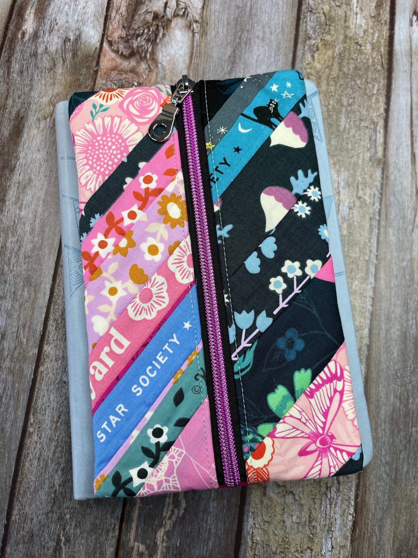 Pink Floral Cat Patchwork Notebook Pencil Case, A5 Journal Zip Case, Bookmark - Uphouse Crafts