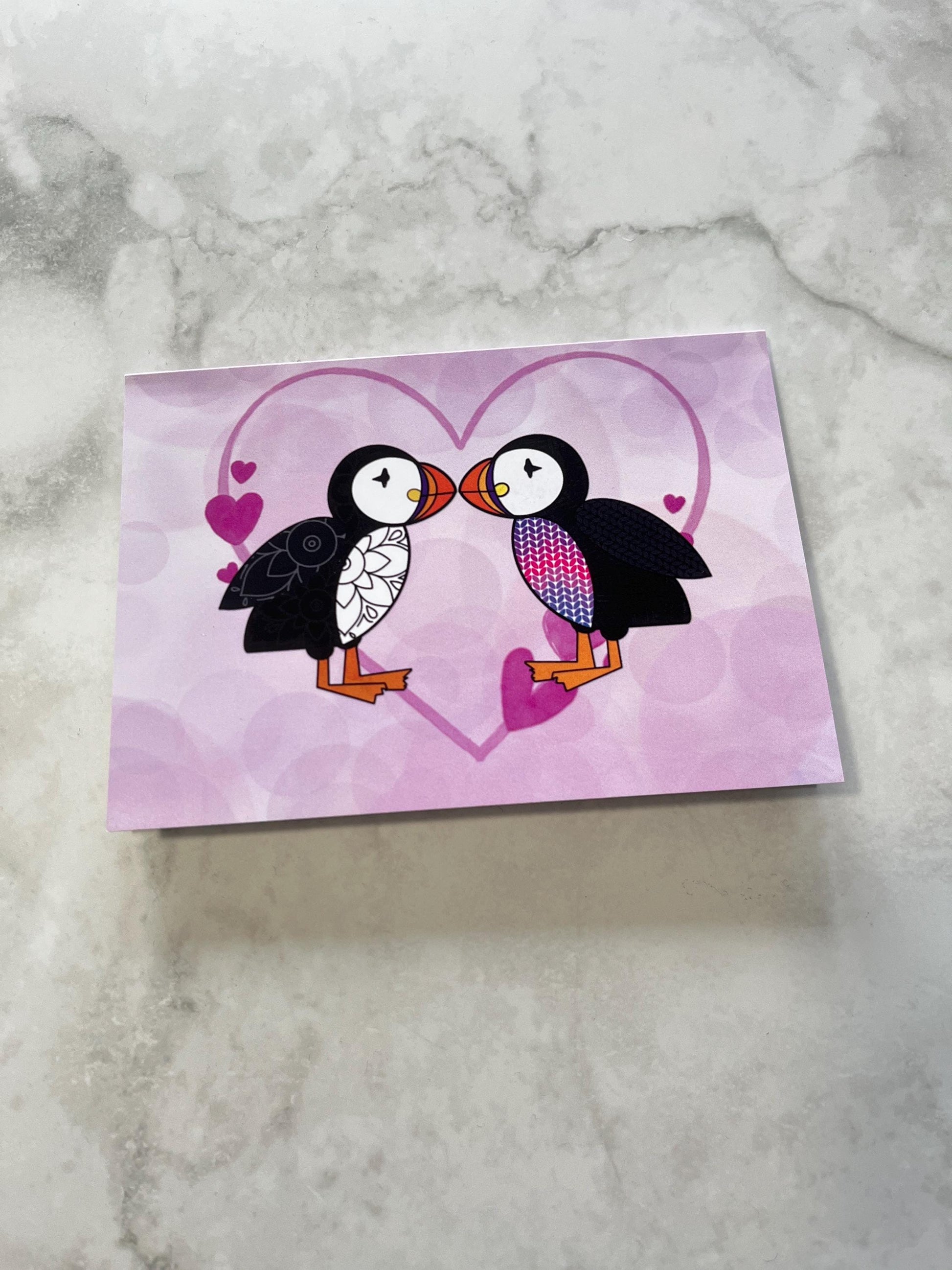 Pink Heart Fair Isle Puffin card - Uphouse Crafts