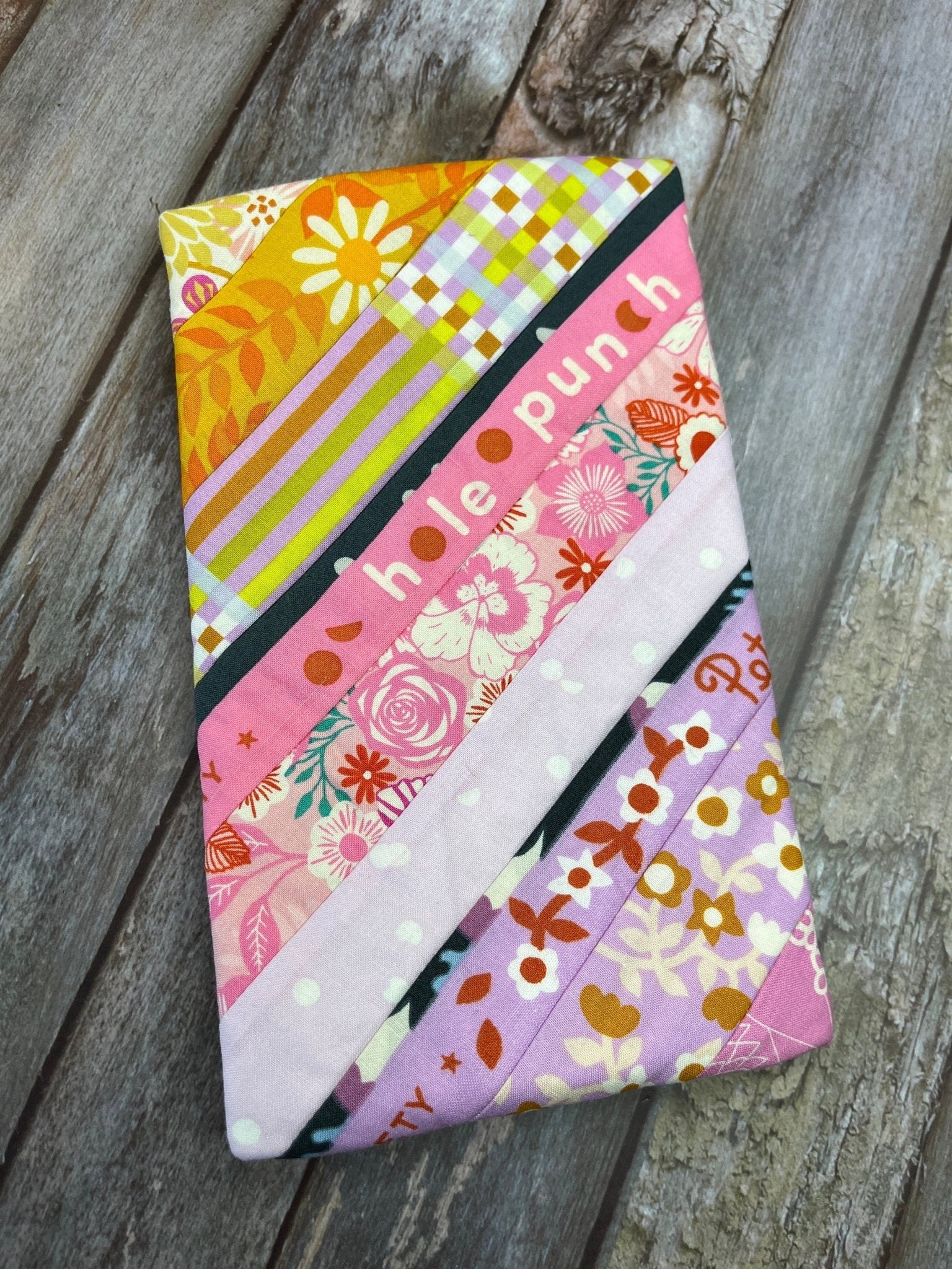 Pink Lilac Yellow Patchwork Notebook Pencil Case, A5 Journal Zip Case, Bookmark - Uphouse Crafts