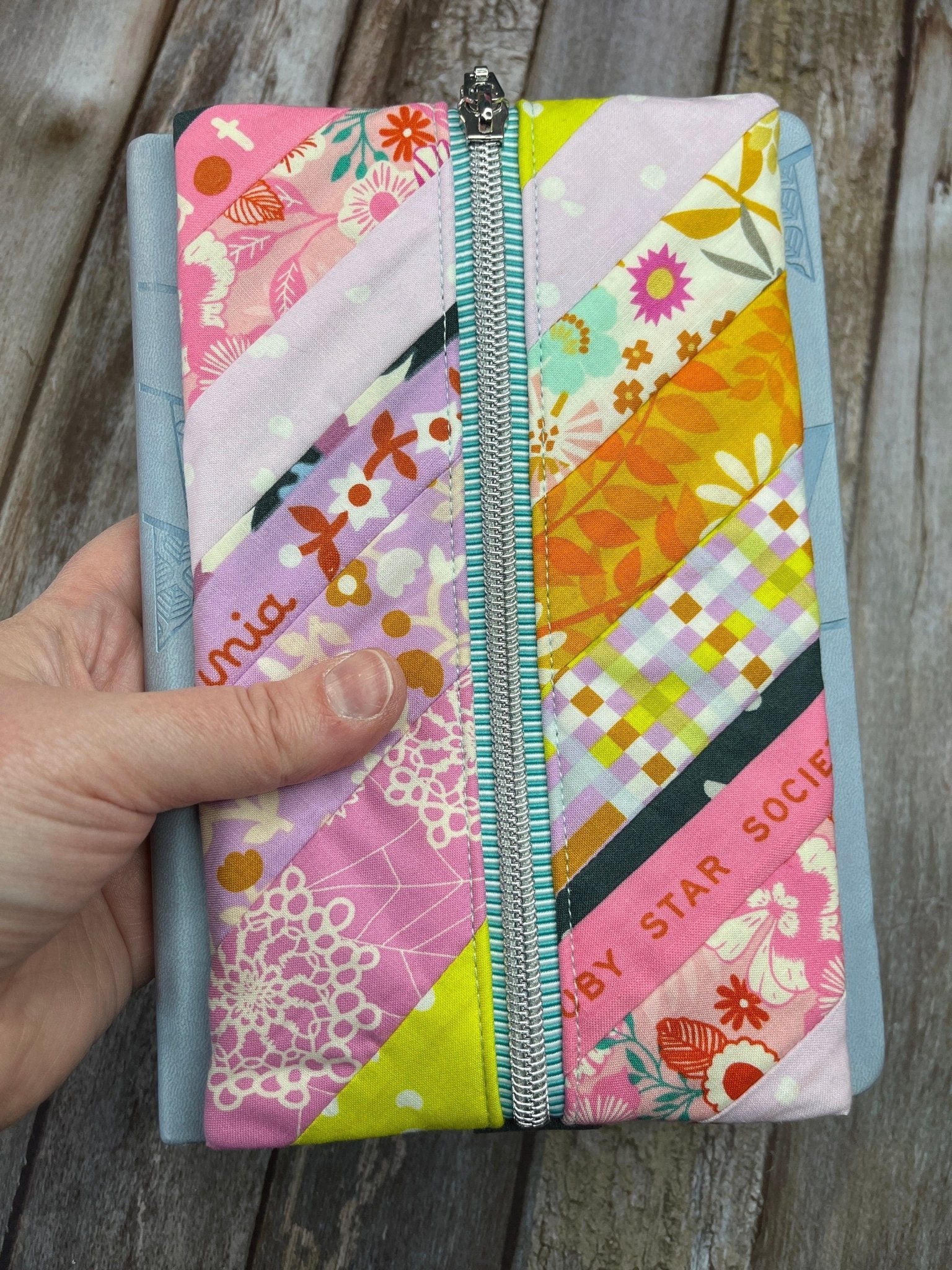 Pink Lilac Yellow Patchwork Notebook Pencil Case, A5 Journal Zip Case, Bookmark - Uphouse Crafts