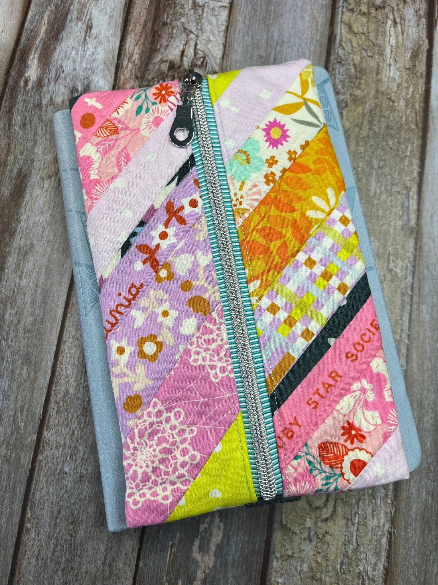 Pink Lilac Yellow Patchwork Notebook Pencil Case, A5 Journal Zip Case, Bookmark - Uphouse Crafts