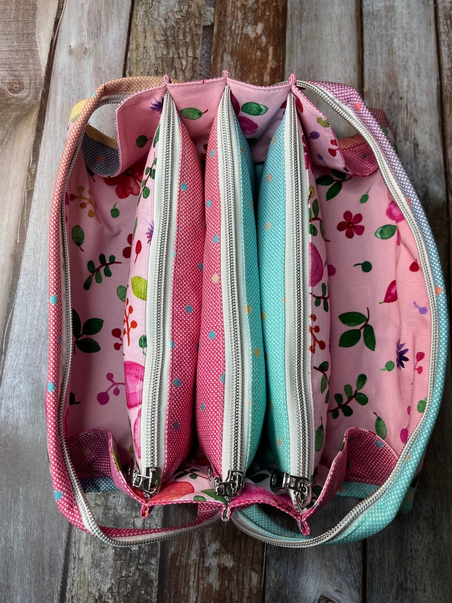 Pink Mint Floral Sew Together Bag, Organiser Bag, Make Up Bag - Uphouse Crafts