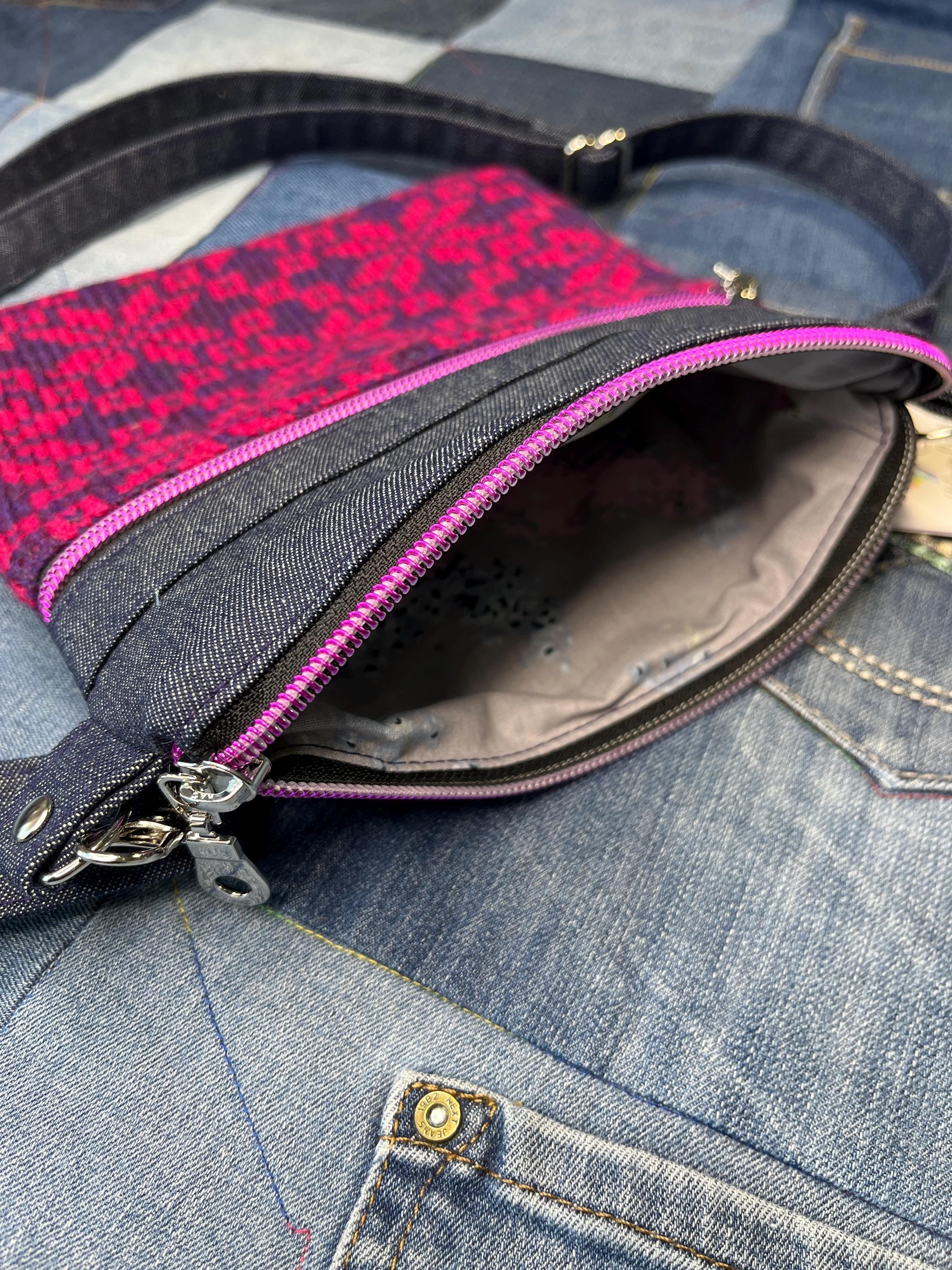 Pink Purple Shetland Wool Denim Crossbody Bag - Uphouse Crafts