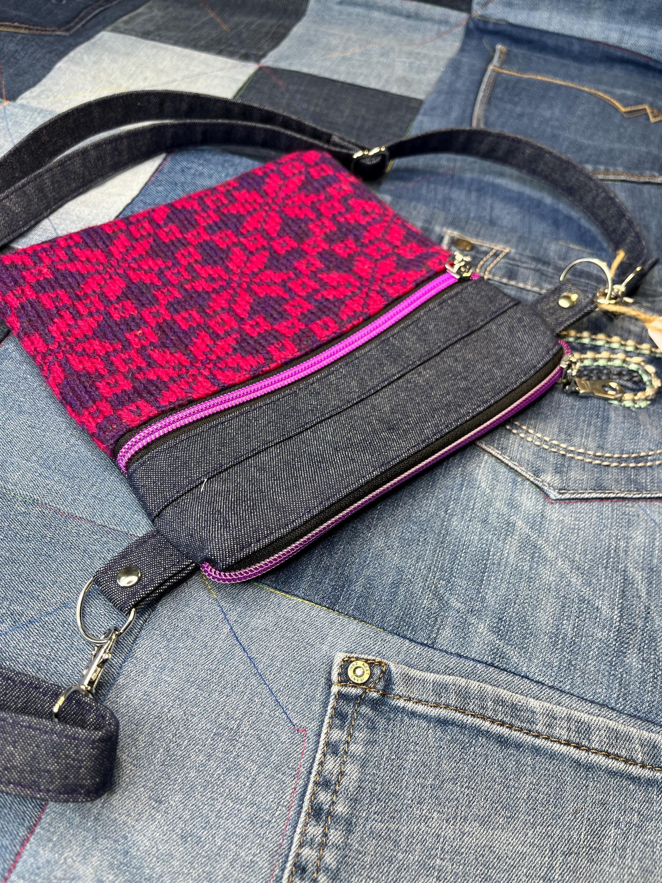 Pink Purple Shetland Wool Denim Crossbody Bag - Uphouse Crafts