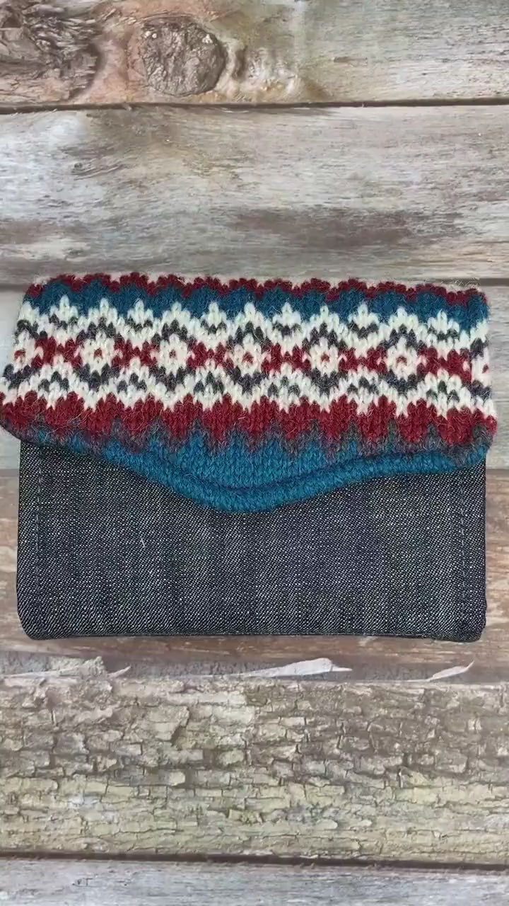 Blue Red & White Fair Isle Purse , Unique Knitted Purse Wallet, Handmade in Shetland