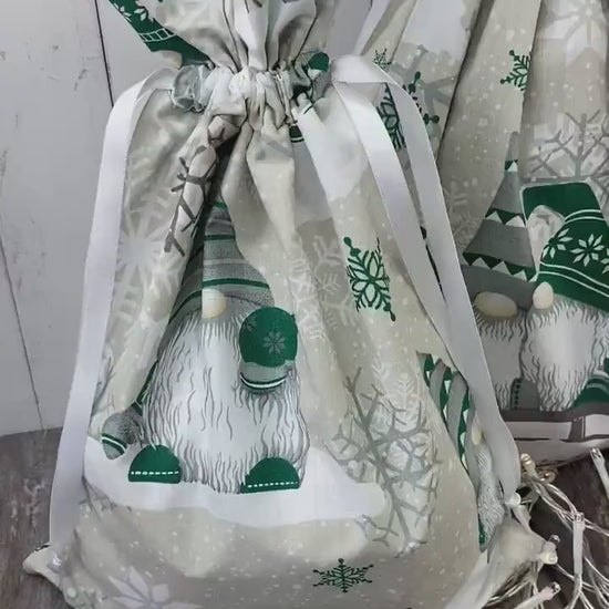 Black Green Red Poinsettia Christmas Reusable Drawstring Gift Bag, Eco Gift wrap, Xmas Cotton Gift Bag, Festive Cotton Reusable Gift Bags