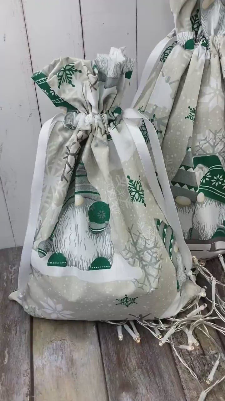 Black Green Red Poinsettia Christmas Reusable Drawstring Gift Bag, Eco Gift wrap, Xmas Cotton Gift Bag, Festive Cotton Reusable Gift Bags