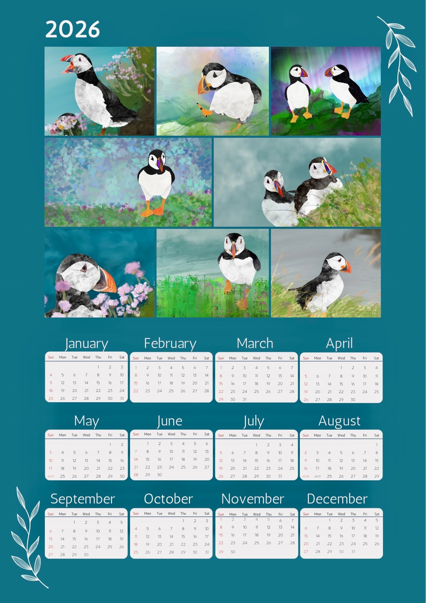 Puffin 2026 Calendar - A4 Laminated Card - Uphouse Crafts