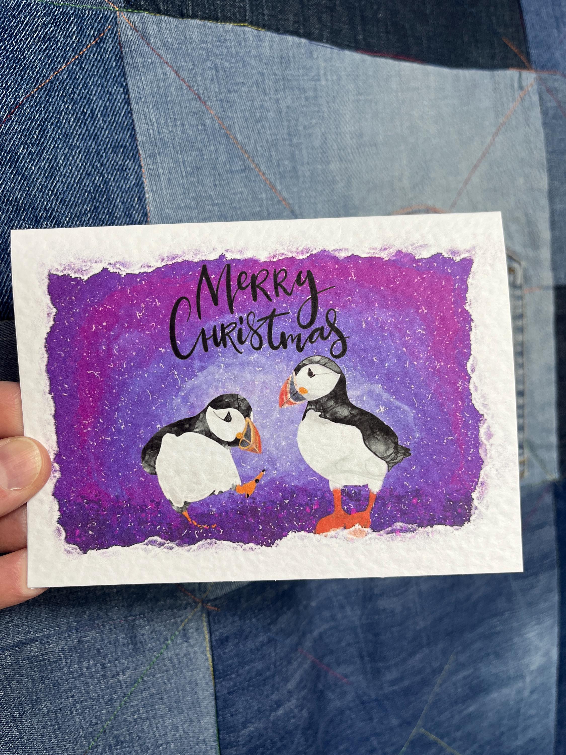 Puffin Christmas Card | Shetland - Set of 6 Puffin Notecards | Blue Purple - Uphouse Crafts