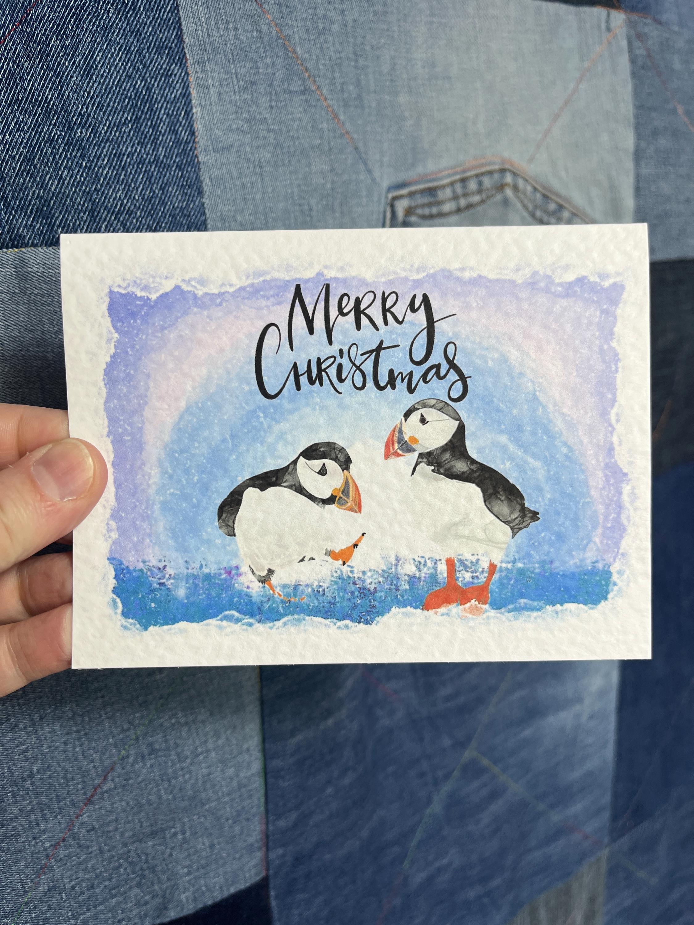 Puffin Christmas Card | Shetland - Set of 6 Puffin Notecards | Blue Purple - Uphouse Crafts