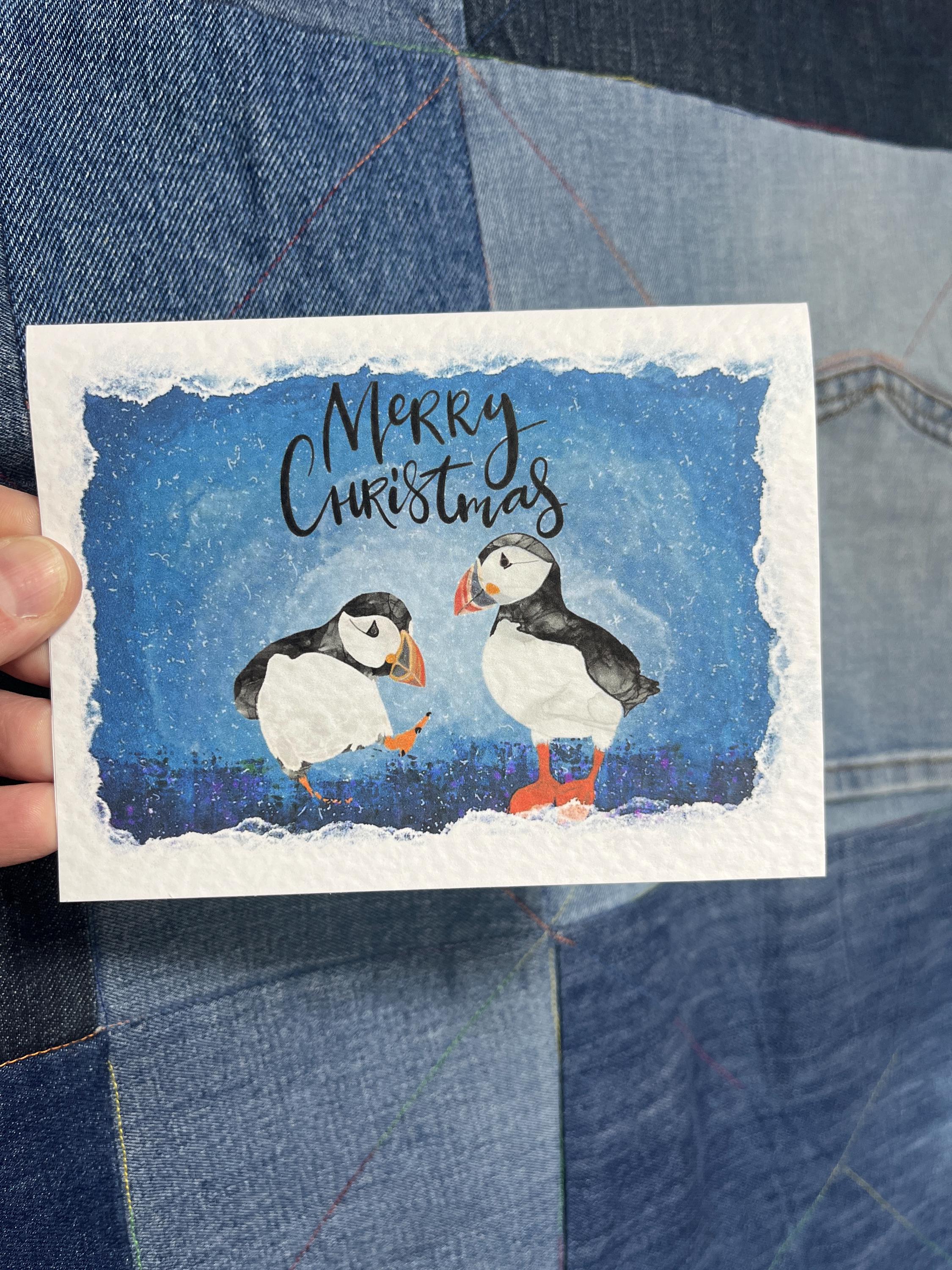 Puffin Christmas Card | Shetland - Set of 6 Puffin Notecards | Blue Purple - Uphouse Crafts