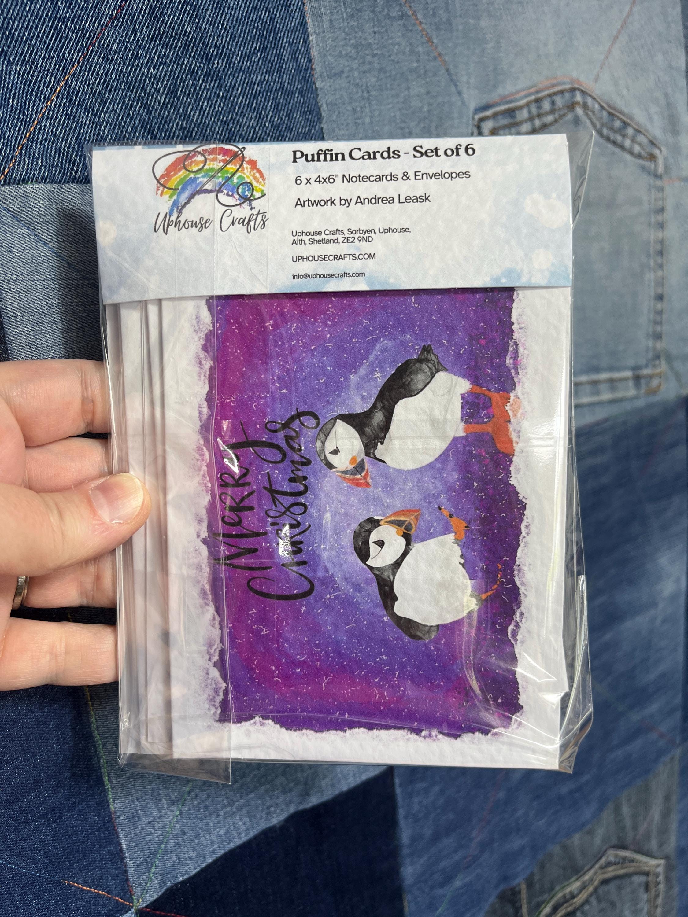 Puffin Christmas Card | Shetland - Set of 6 Puffin Notecards | Blue Purple - Uphouse Crafts