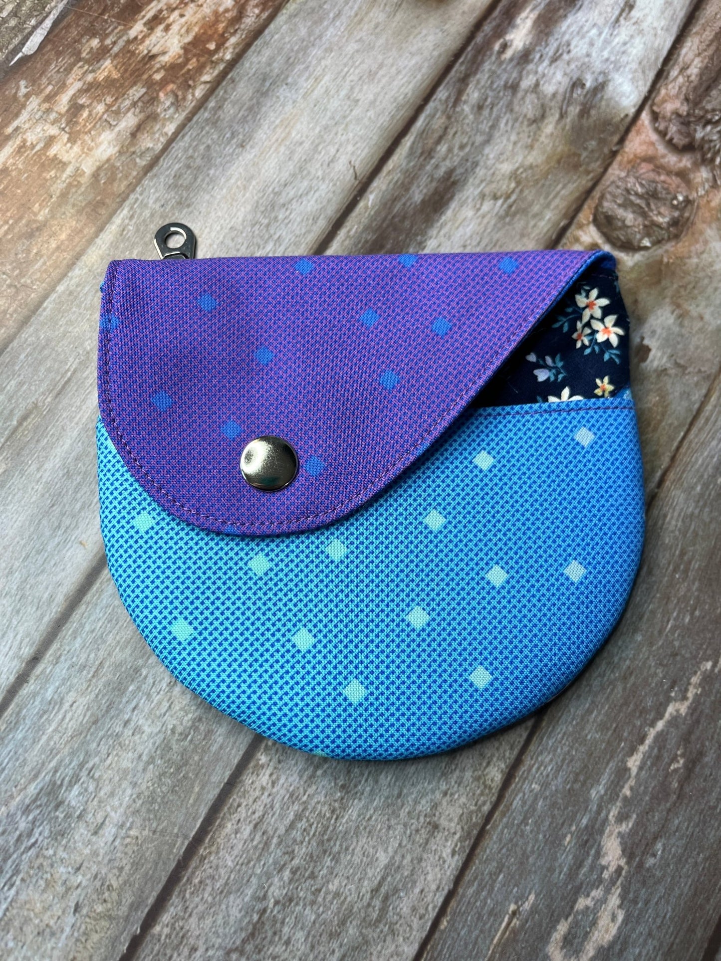 Purpe & Blue Patchwork Round Wing Zip Purse no2024 - 01 - Uphouse Crafts