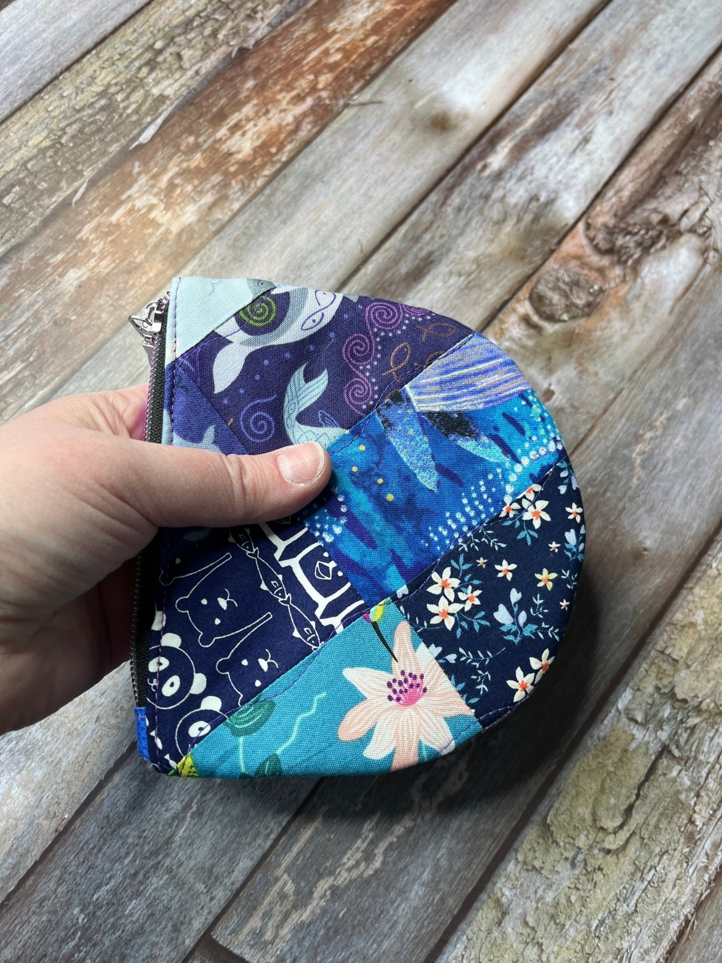 Purpe & Blue Patchwork Round Wing Zip Purse no2024 - 02 - Uphouse Crafts