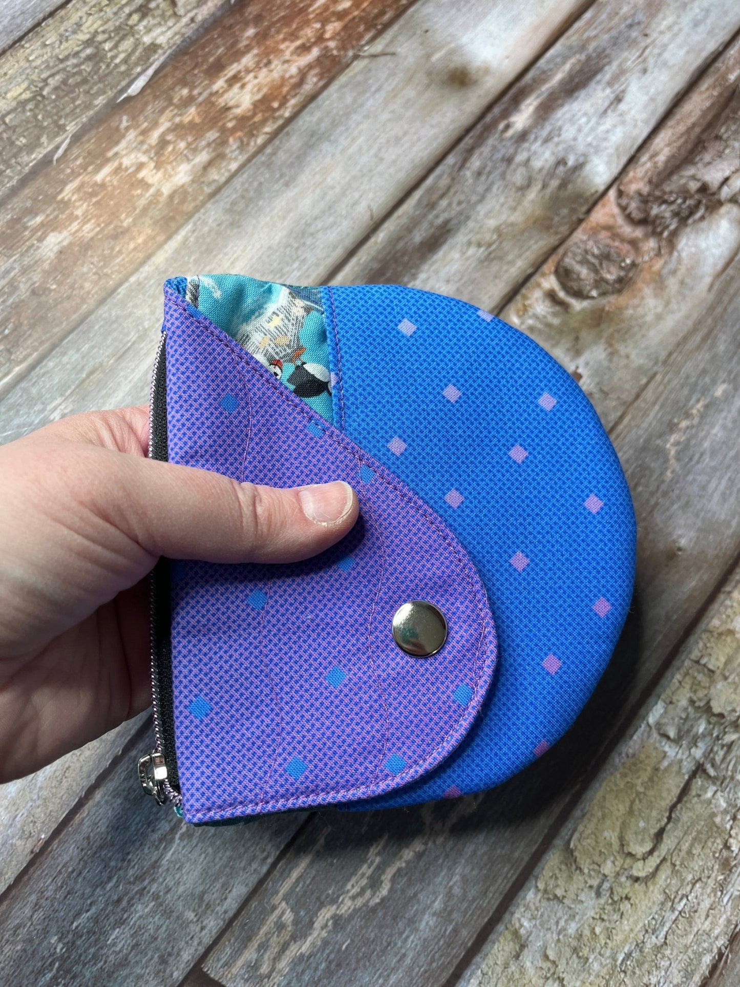 Purpe & Blue Patchwork Round Wing Zip Purse no2024 - 02 - Uphouse Crafts