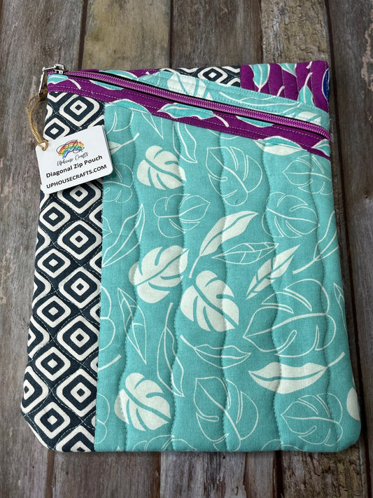 Purple Aqua Grey Patchwork Diagonal Zip Pouch, Quilted Zip Pouch, IPad Pouch - Uphouse Crafts