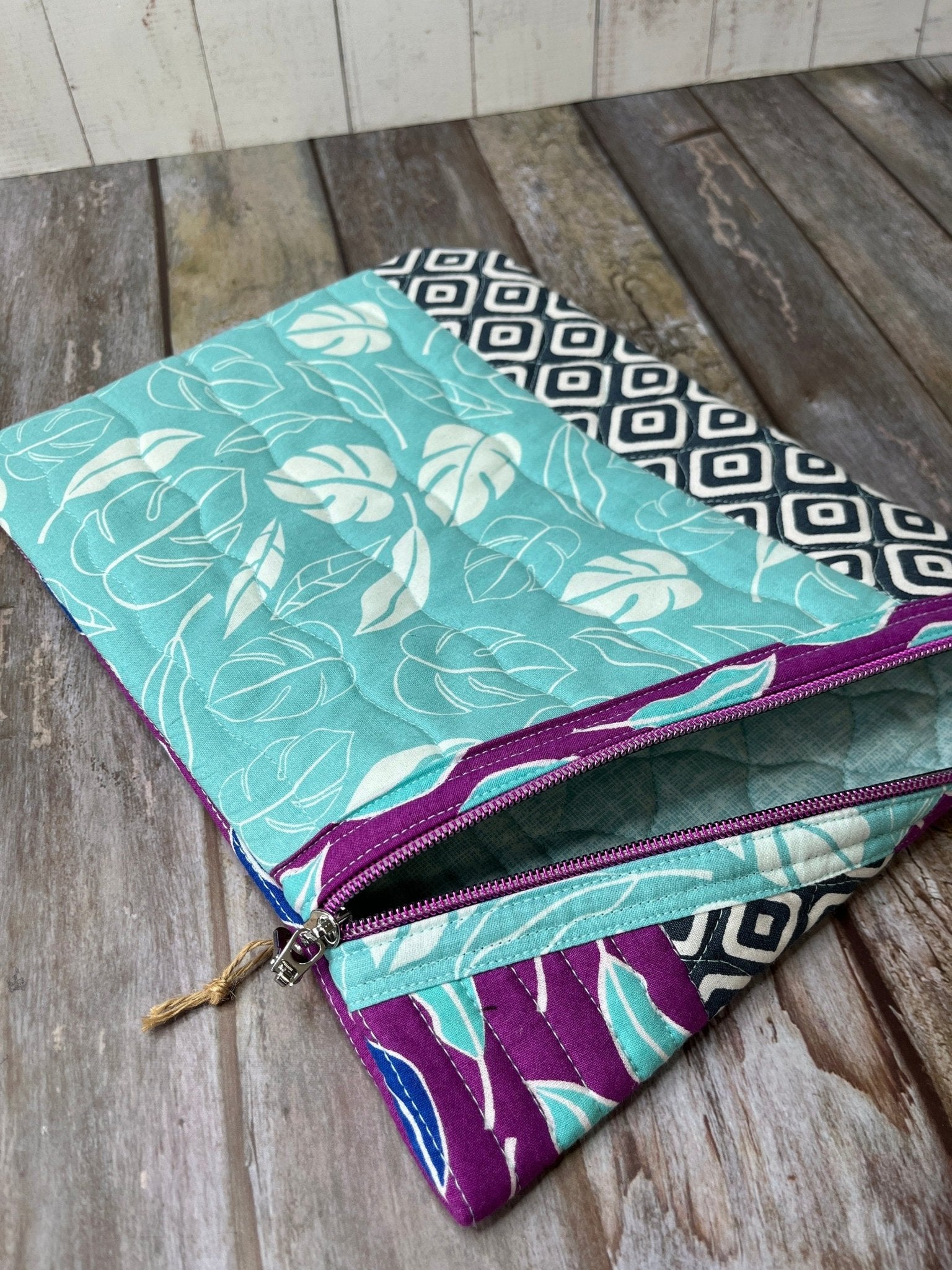 Purple Aqua Grey Patchwork Diagonal Zip Pouch, Quilted Zip Pouch, IPad Pouch - Uphouse Crafts