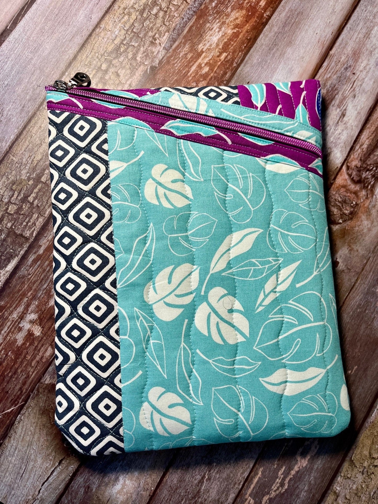 Purple Aqua Grey Patchwork Diagonal Zip Pouch, Quilted Zip Pouch, IPad Pouch - Uphouse Crafts