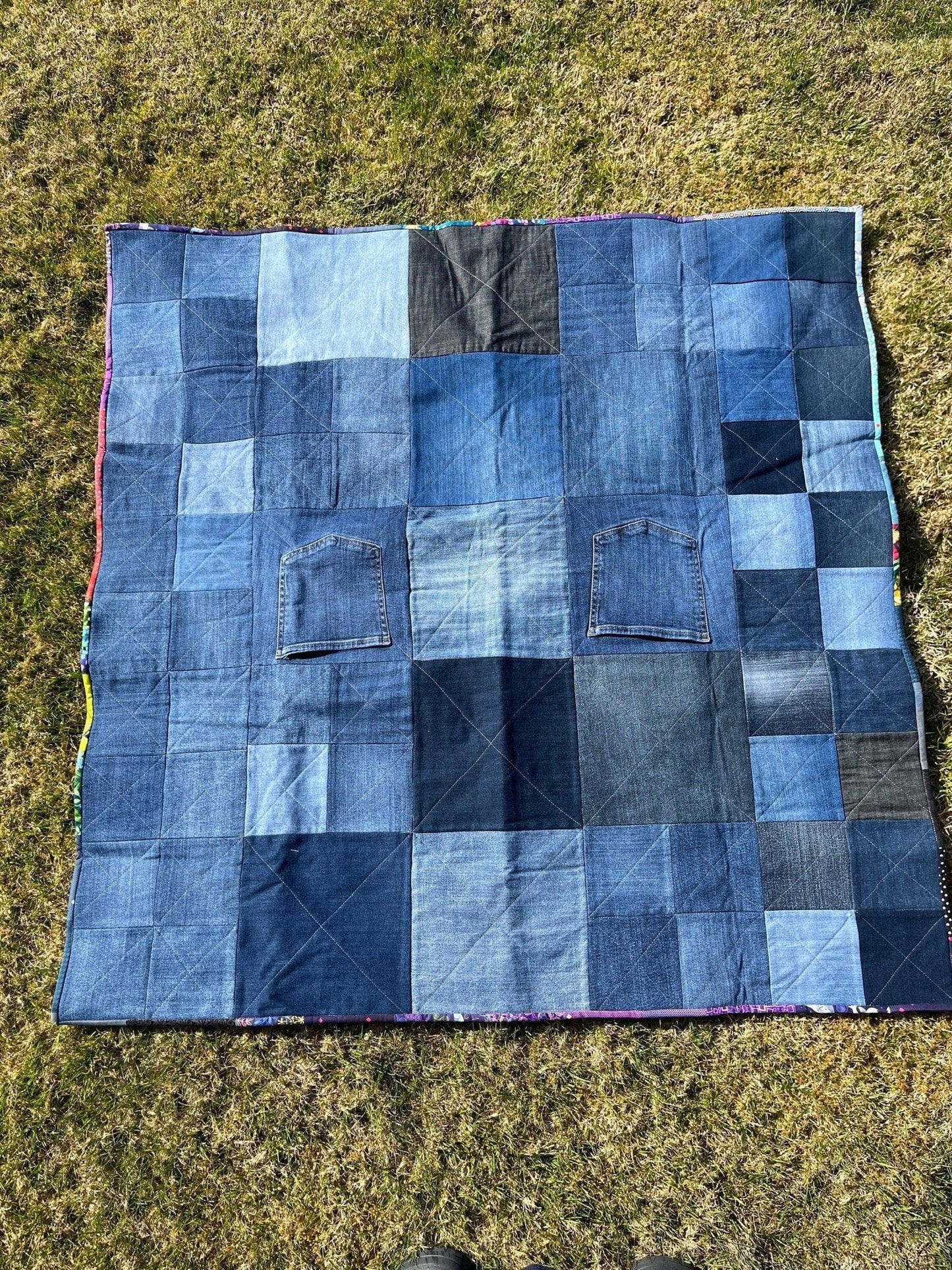 Reclaimed Denim Picnic Blanket / Quilt & Carry Strap