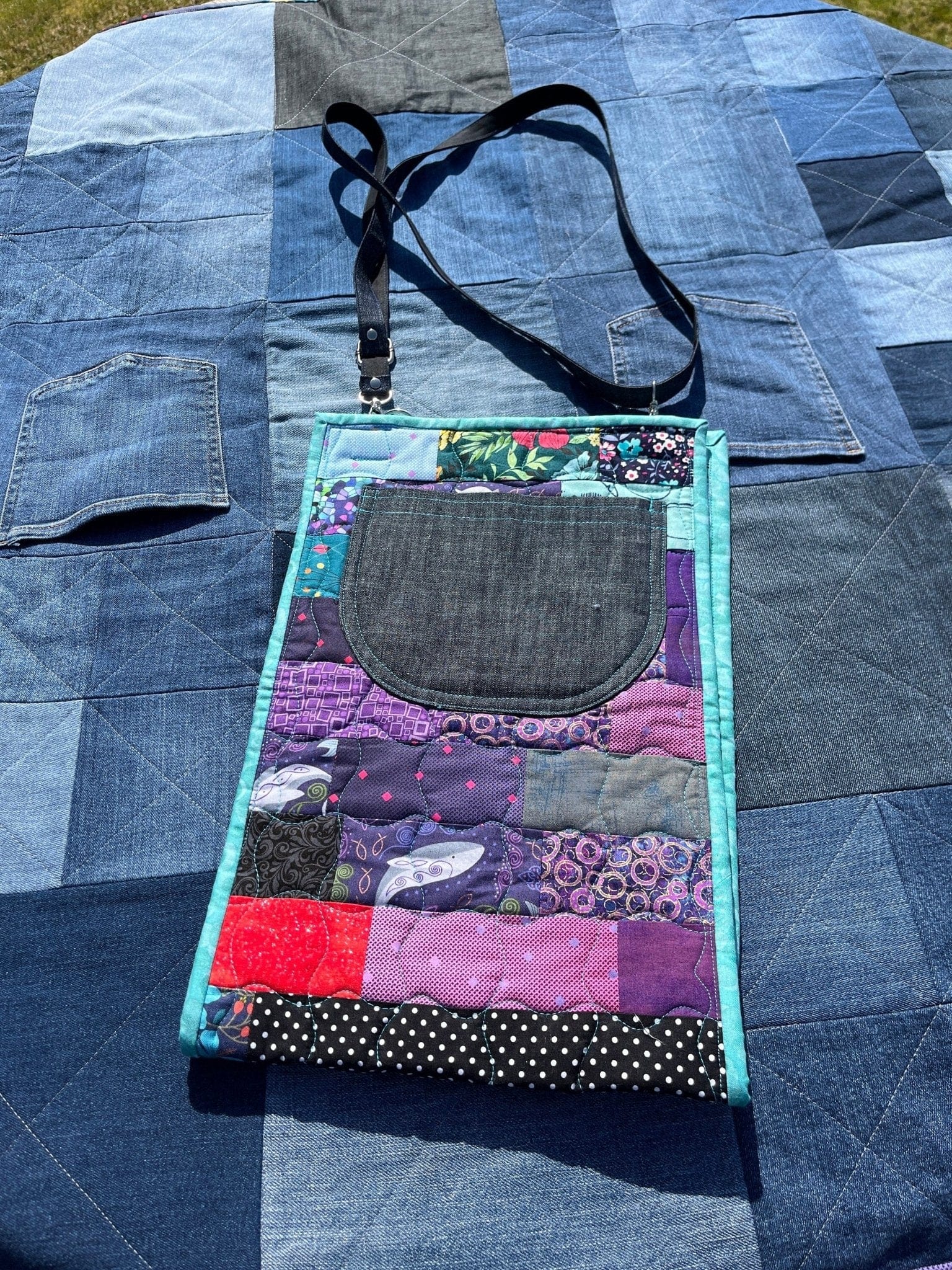 Reclaimed Denim Picnic Blanket / Quilt & Carry Strap