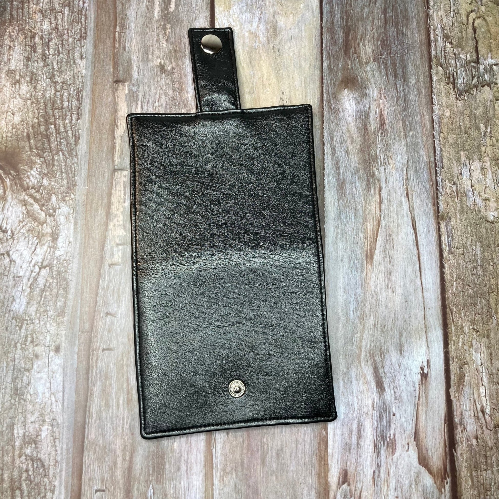 SALE Bi - Fold Black Faux Leather Wallet - Blue Puffin interior - Uphouse Crafts