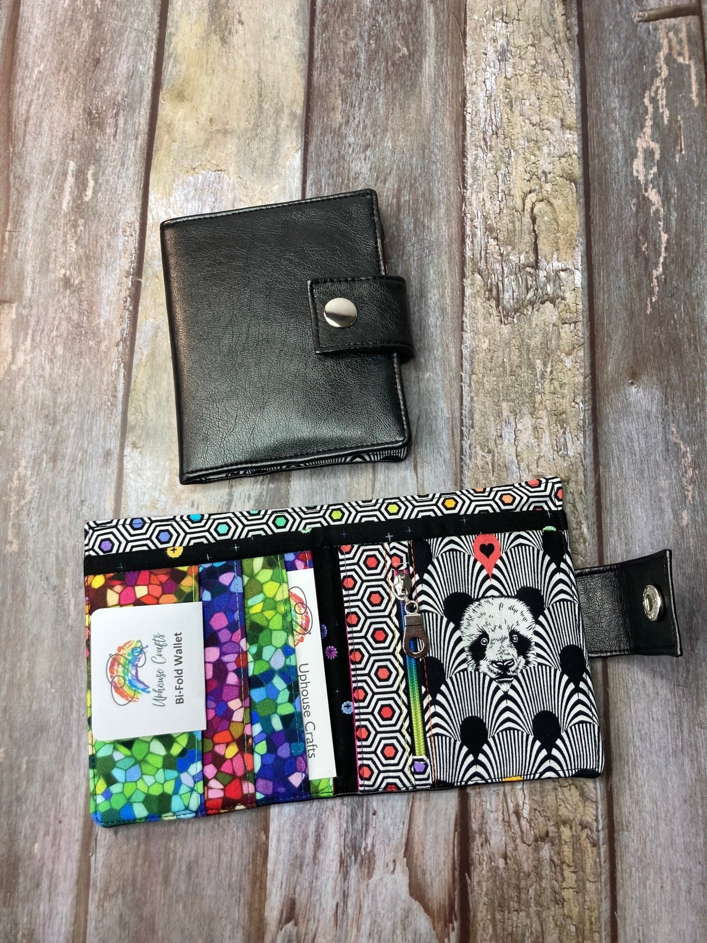 SALE Rainbow Panda Bi - fold Black Faux Leather Wallet 2 - Uphouse Crafts