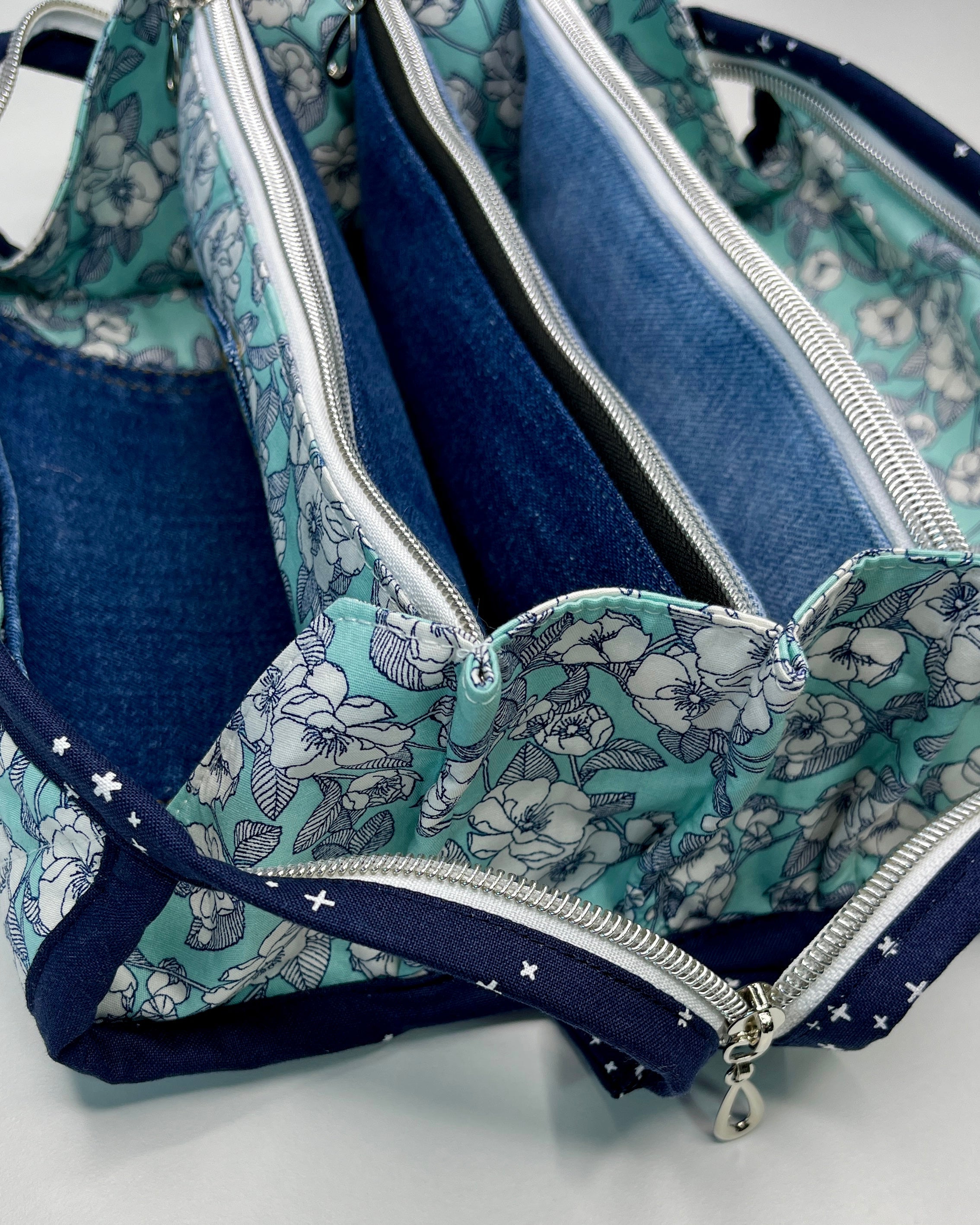 Sew Together Bag |Mint Navy White Floral 2 | Craft Organisation - Uphouse Crafts