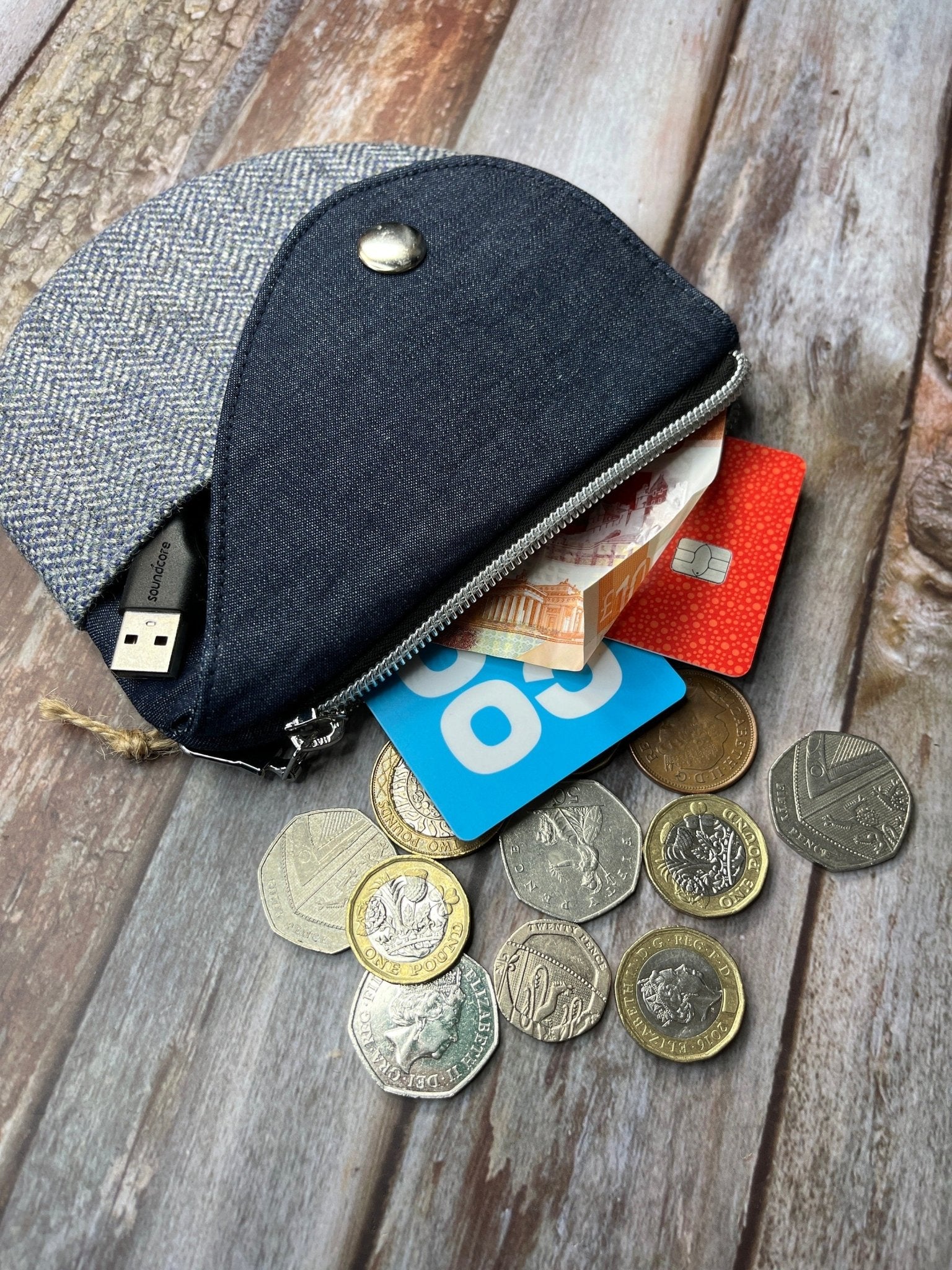 Shetland Blue Grey Tweed Round Wing Zip Purse - Uphouse Crafts